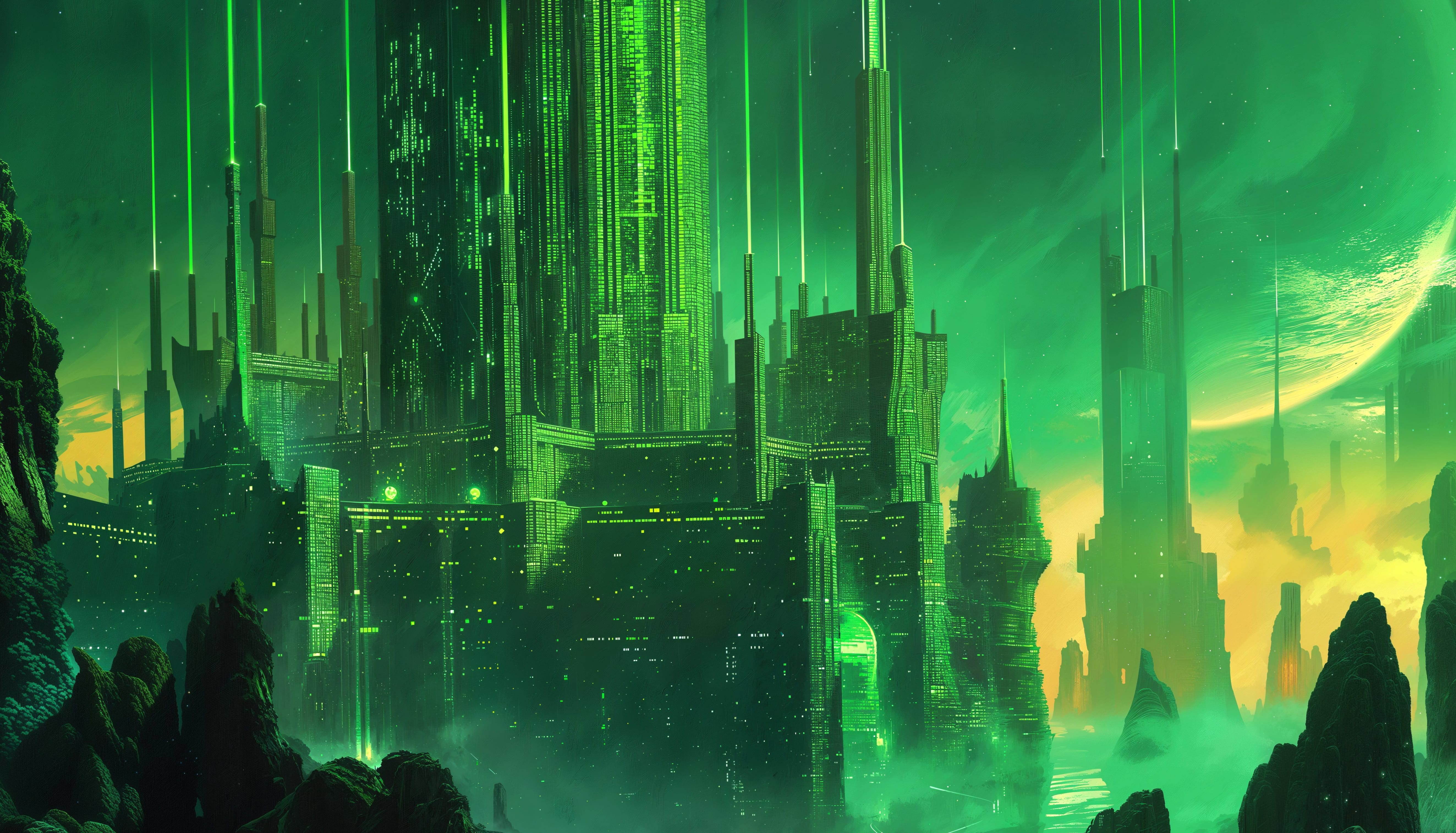 Green Futuristic Cityscape wallpapers HD quality