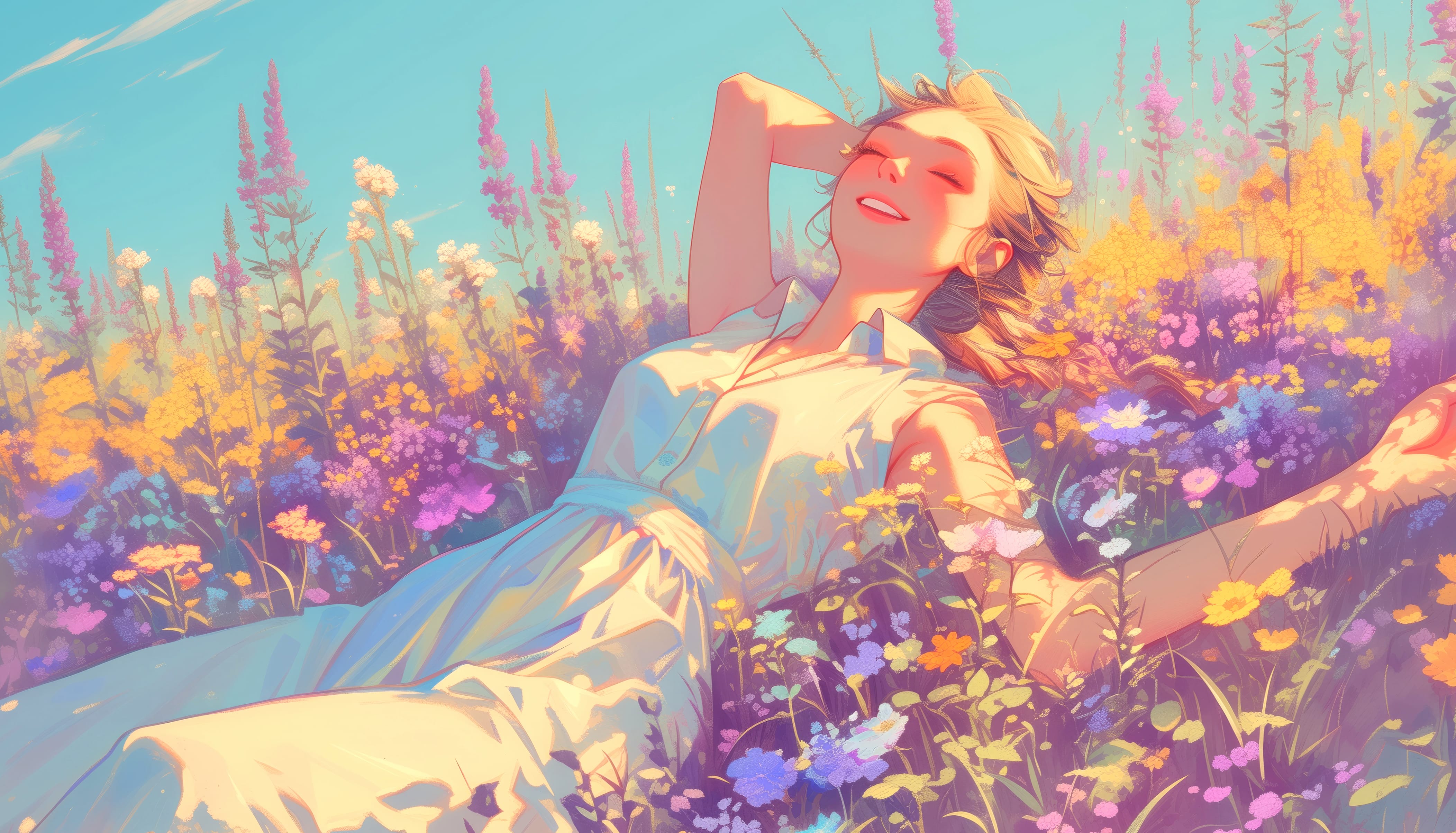 Happy Woman in Wildflowers - at 320 x 480 iPhone size wallpapers HD quality