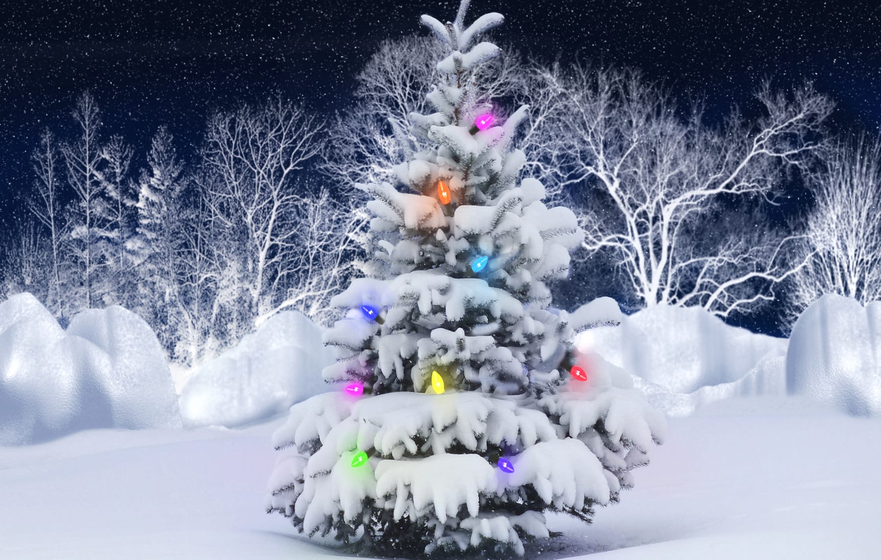 HD Christmas Tree with Lights in Snowy Wonderland Wallpaper wallpapers HD quality