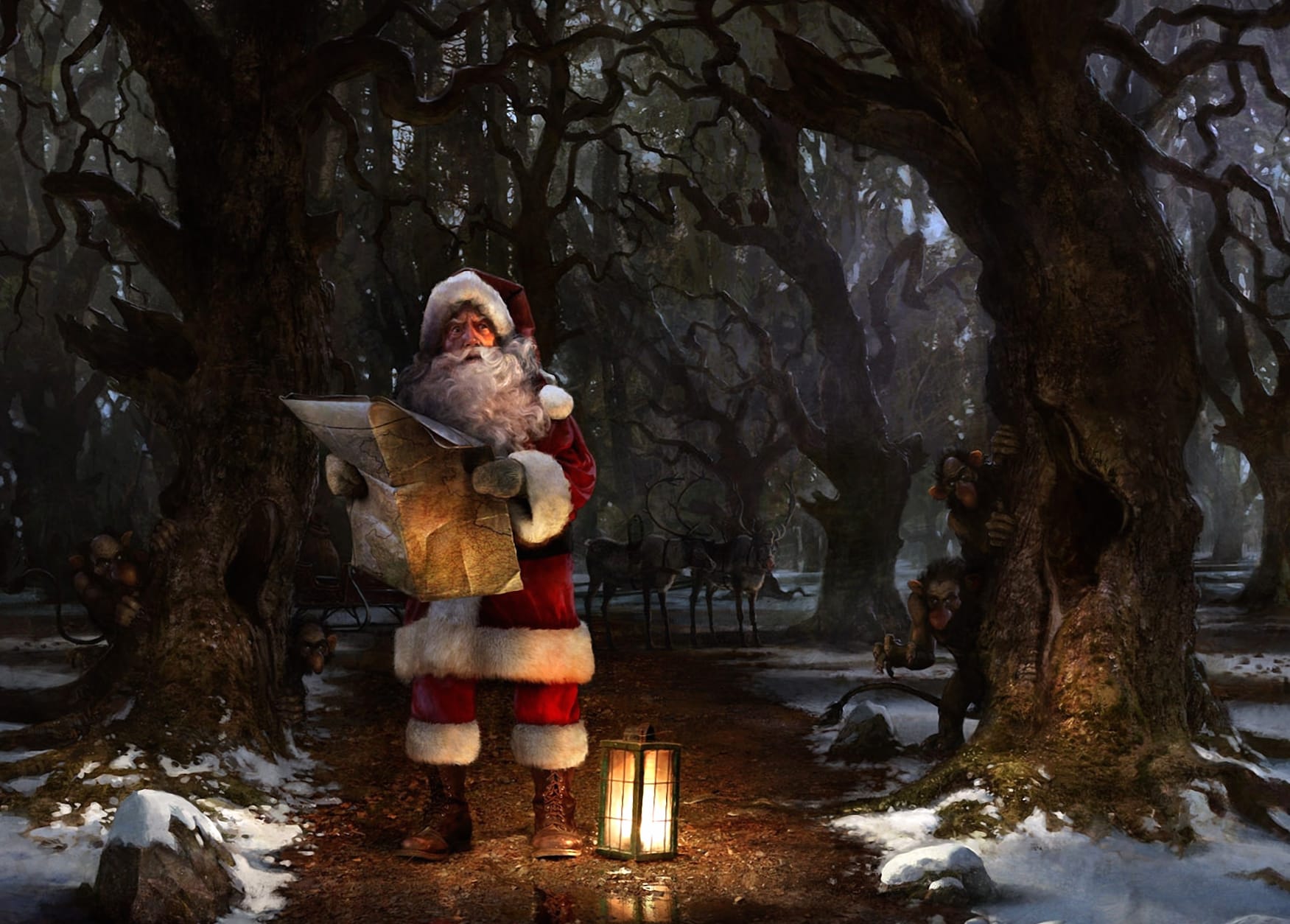 HD Wallpaper - Santa Claus Navigates the Christmas Forest at 1024 x 1024 iPad size wallpapers HD quality