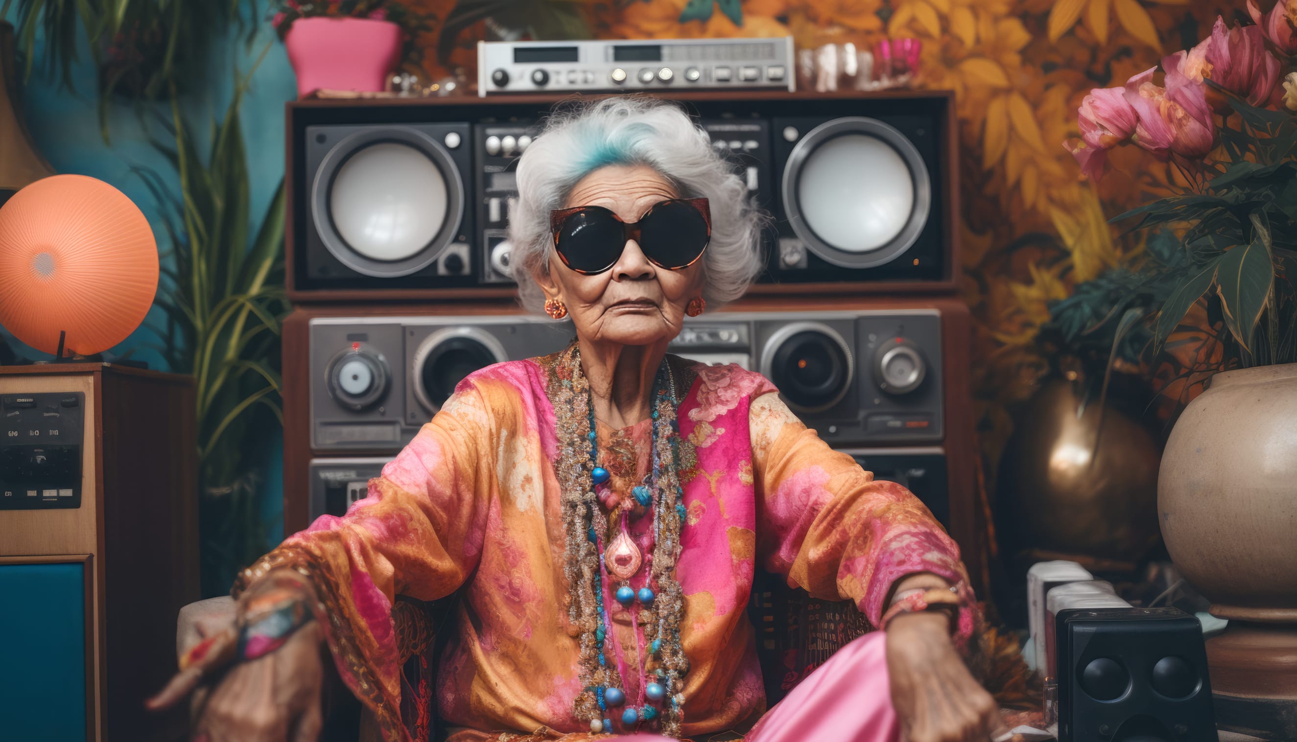 Hip Grandmother with Boombox - AI Art at 750 x 1334 iPhone 6 size wallpapers HD quality