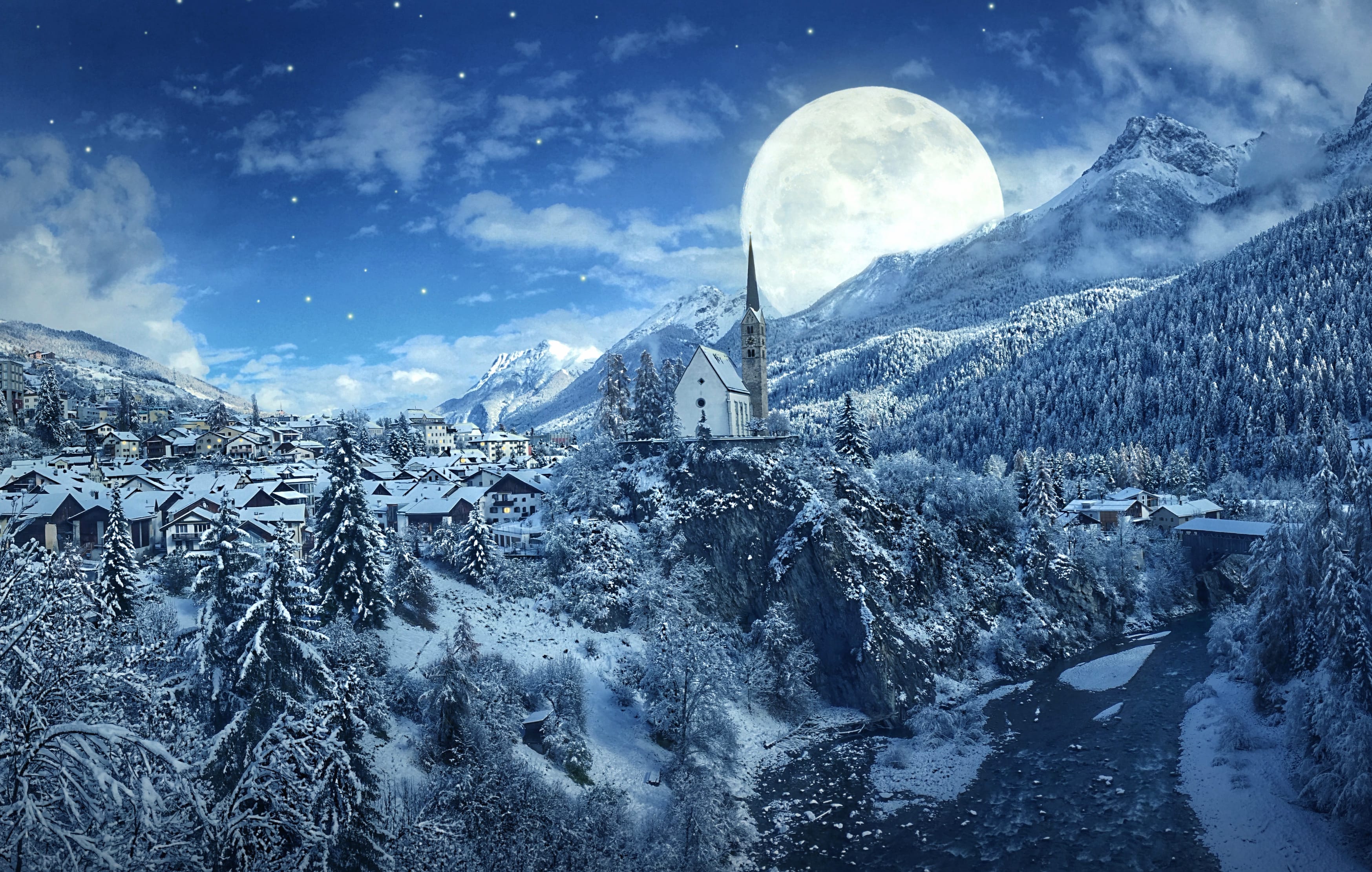 House Mountain Town Moon Tree Snow Landscape Photography Winter at 1024 x 1024 iPad size wallpapers HD quality