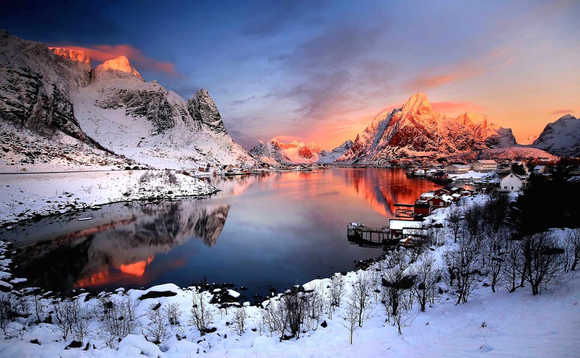 House Village Lake Mountain Snow Earth Photography Winter wallpapers HD quality