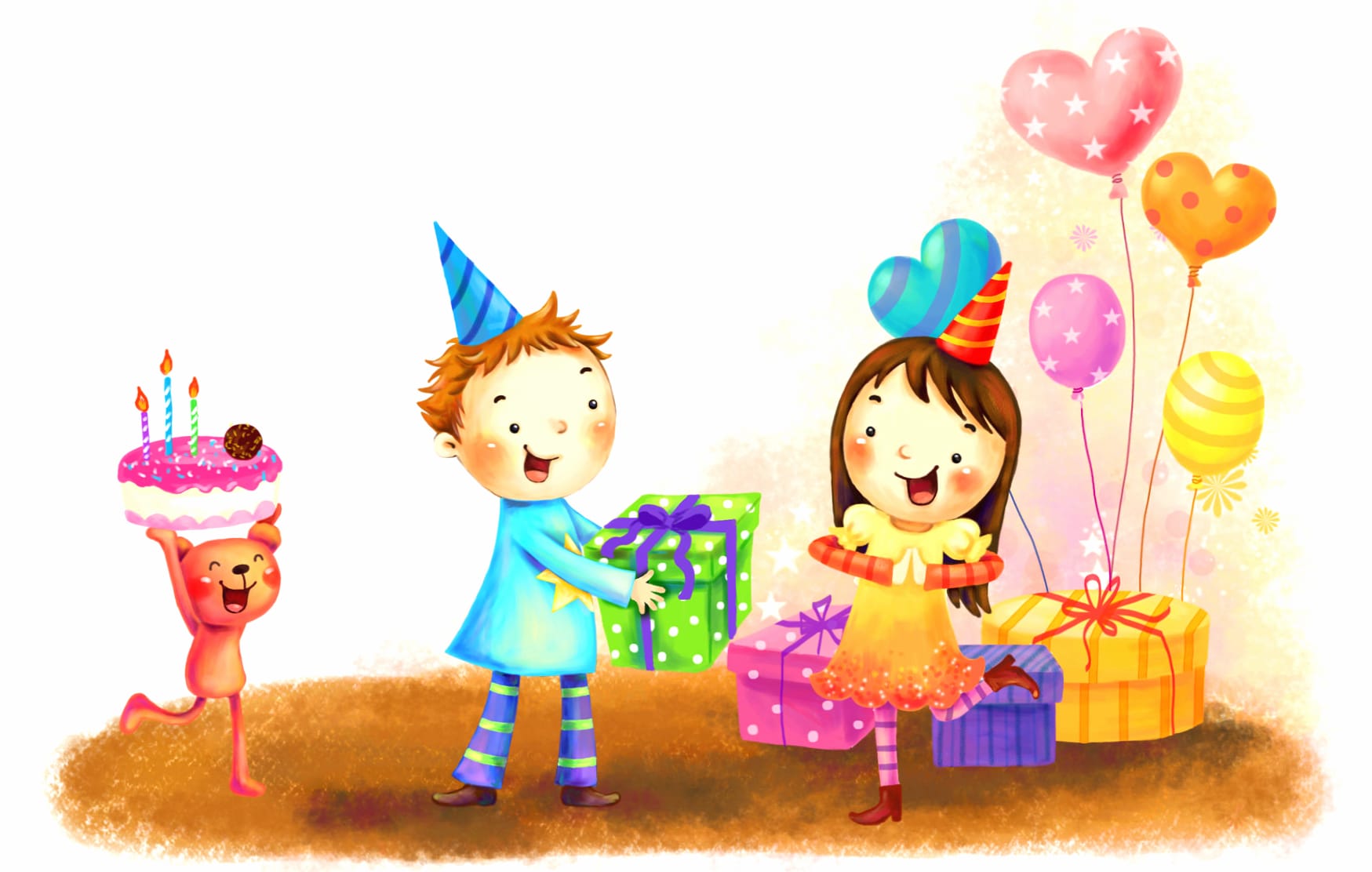 Joyful Birthday Celebration of Kids with Gifts and Balloons at 2048 x 2048 iPad size wallpapers HD quality