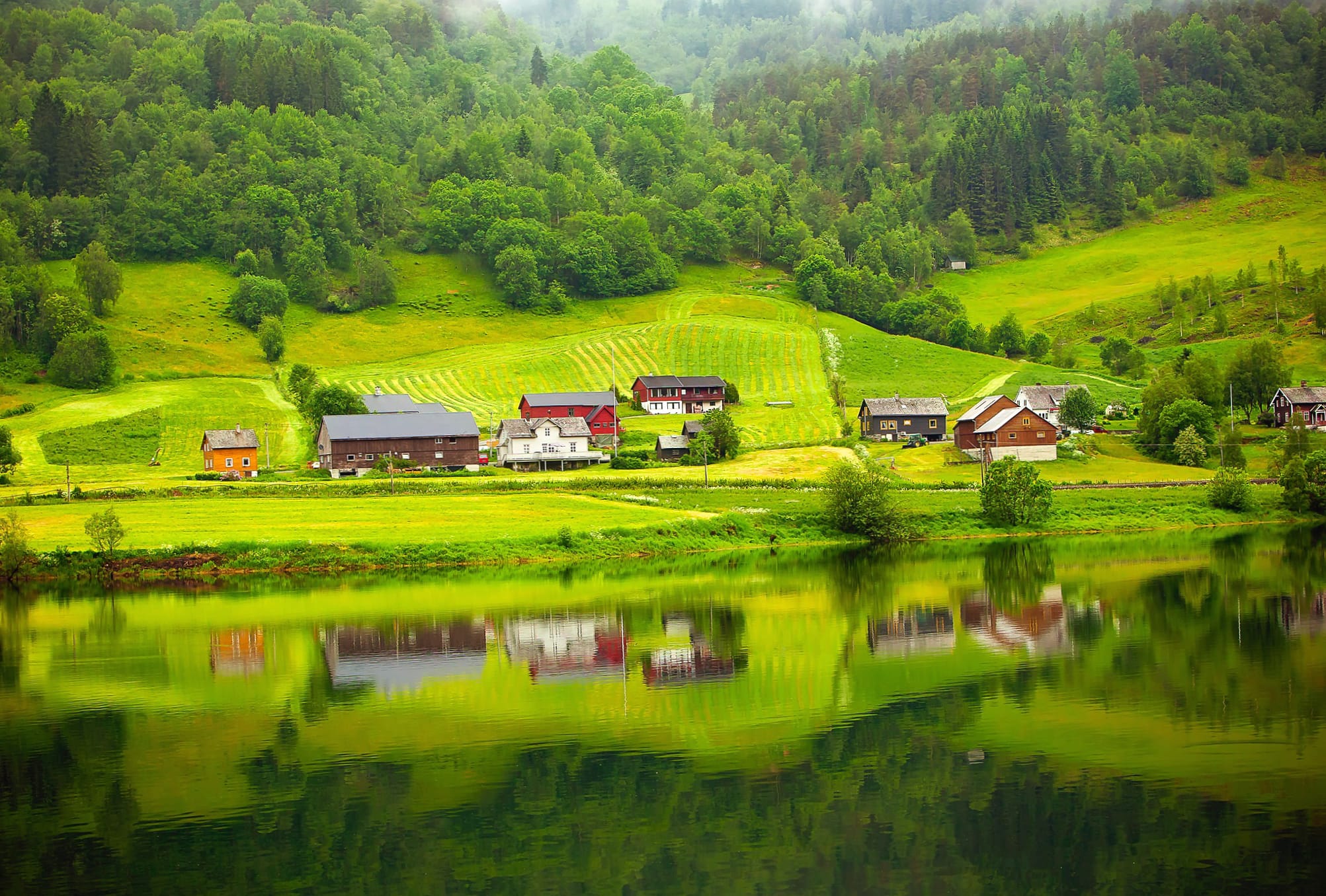 Lake Norway Forest Reflection House Photography Landscape at 320 x 480 iPhone size wallpapers HD quality