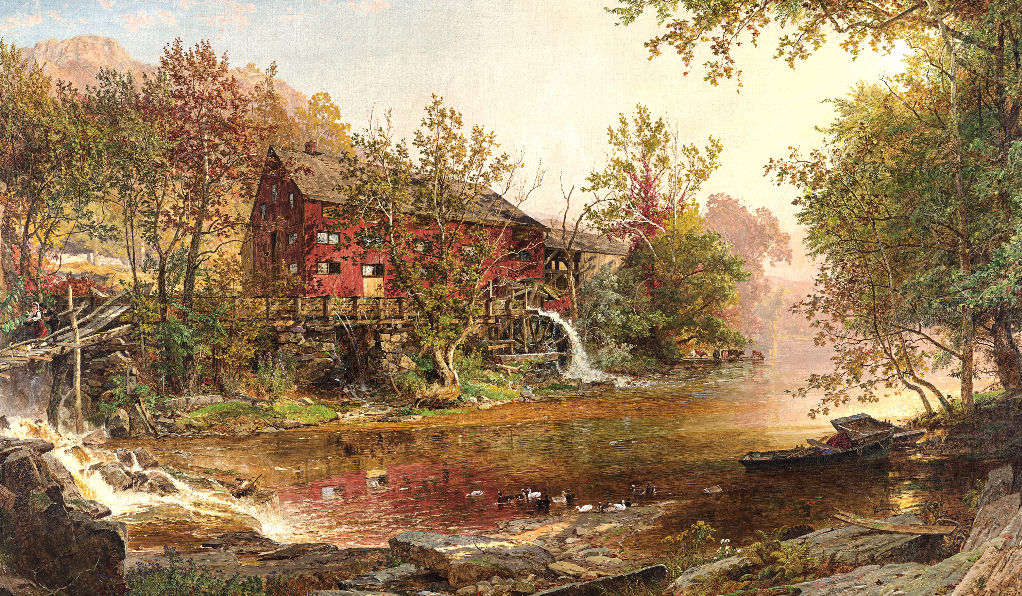 Landscape Watermill Duck Stream Bridge Artistic Painting wallpapers HD quality