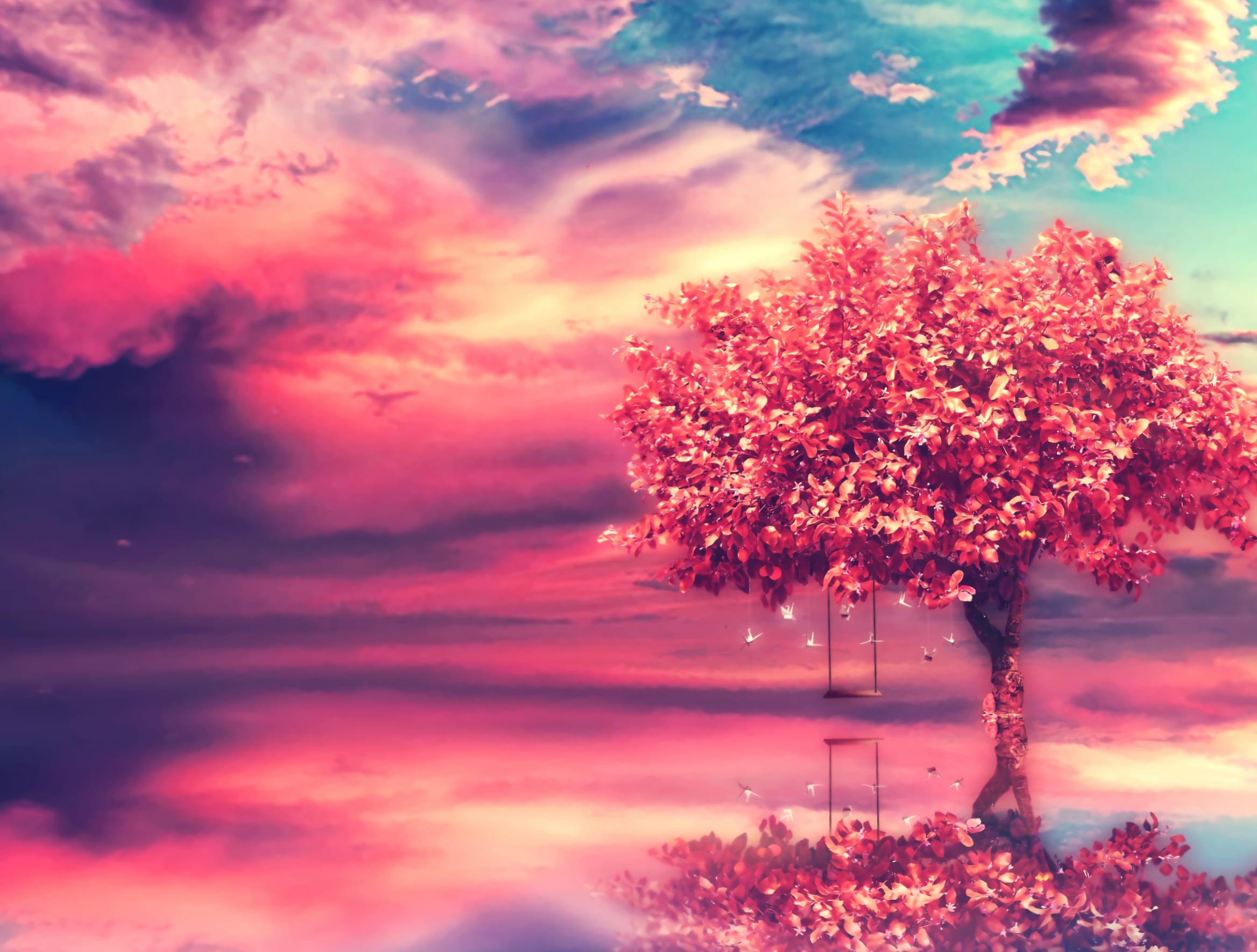 Love Swing Under a Pink Tree - at 1600 x 1200 size wallpapers HD quality