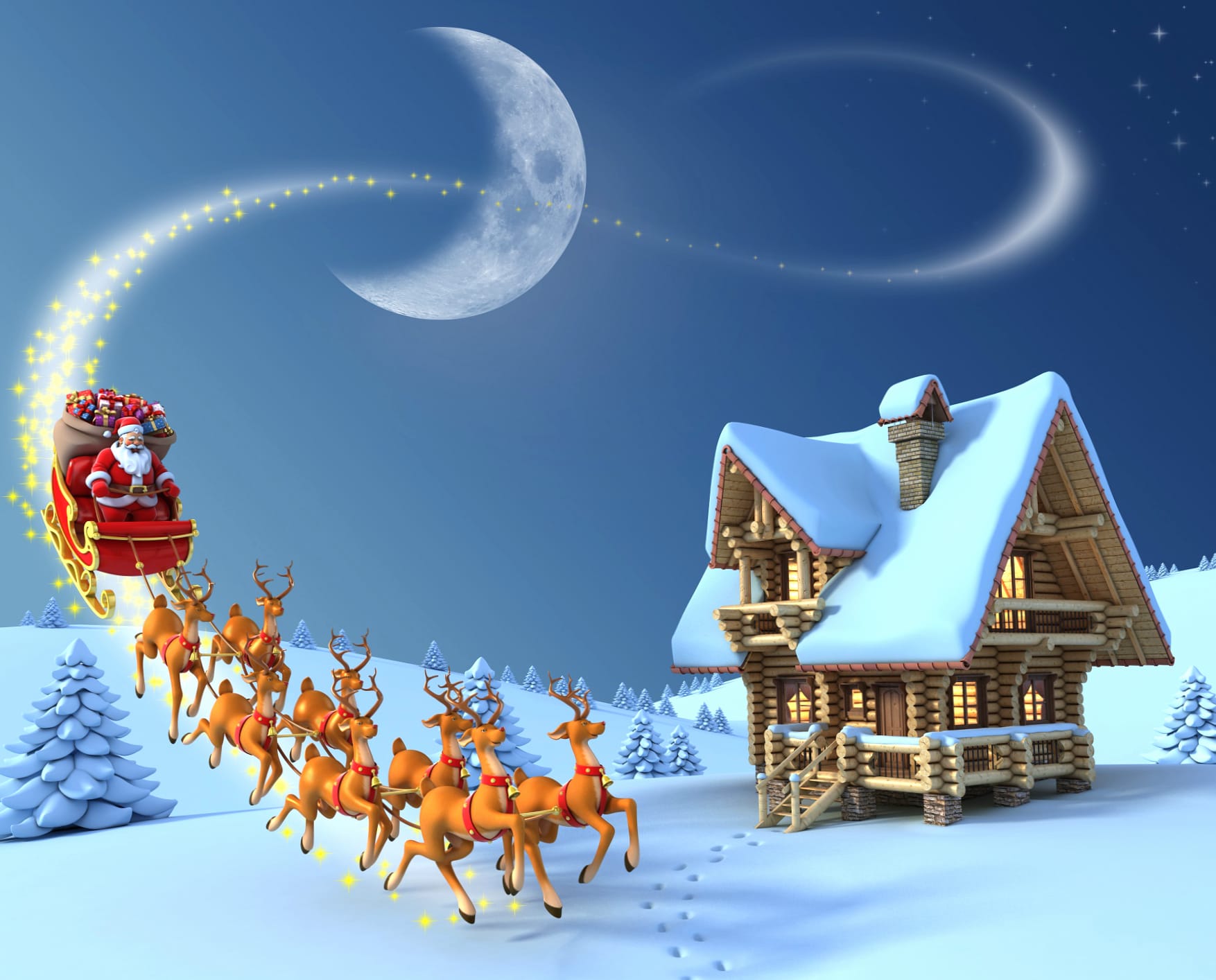 Magical Christmas Eve of Santa and Reindeer Under the Moon at 2560 x 1440 HD size wallpapers HD quality