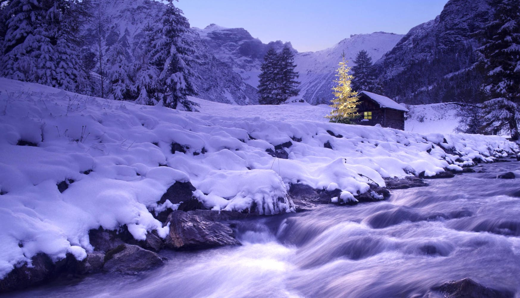 Magical Christmas Landscape of a Snowy River and Mountain Scene at 1366 x 768 HD size wallpapers HD quality