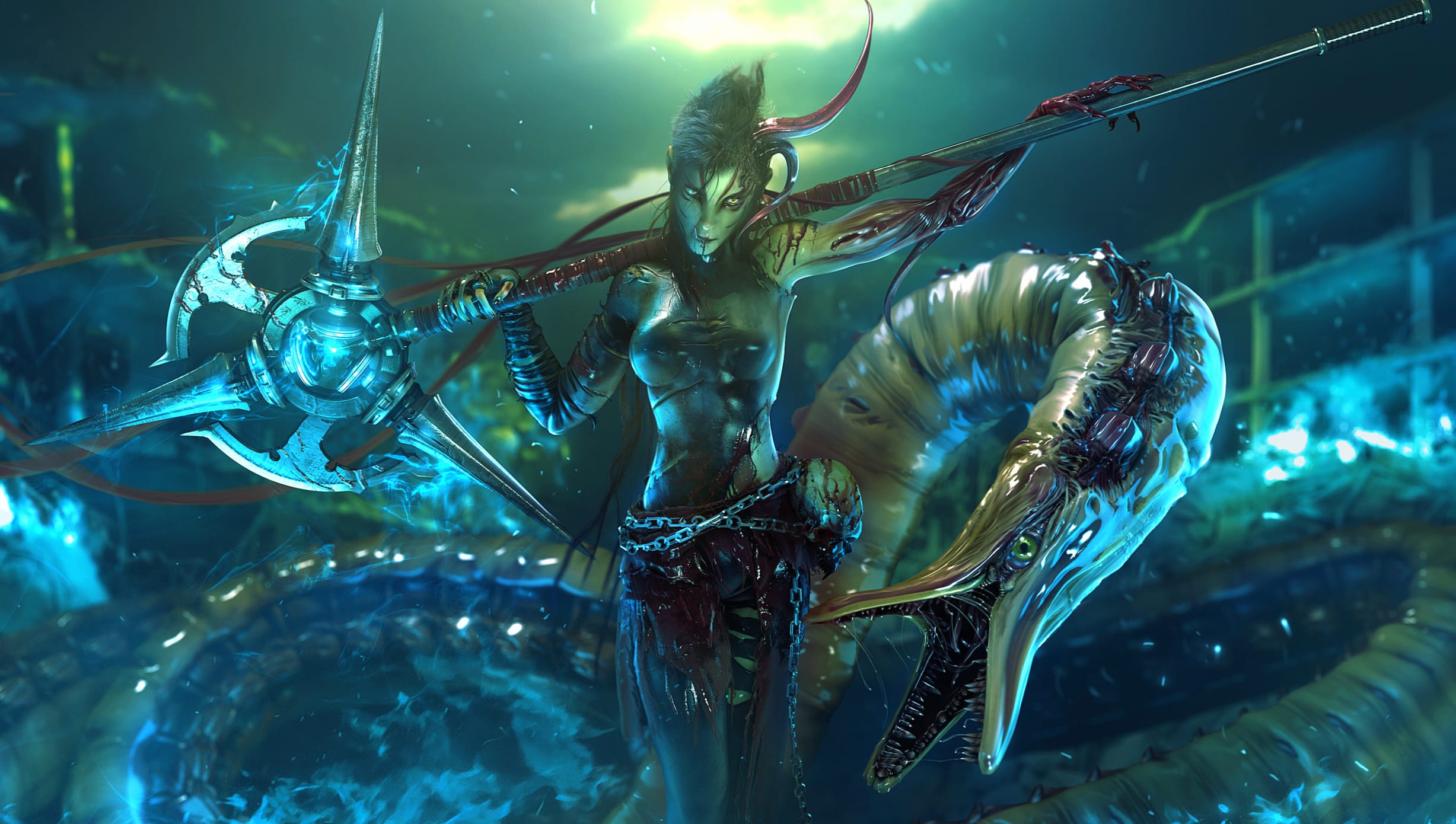 Magical Sorceress of Fantasy and Sea Monsters at 320 x 480 iPhone size wallpapers HD quality