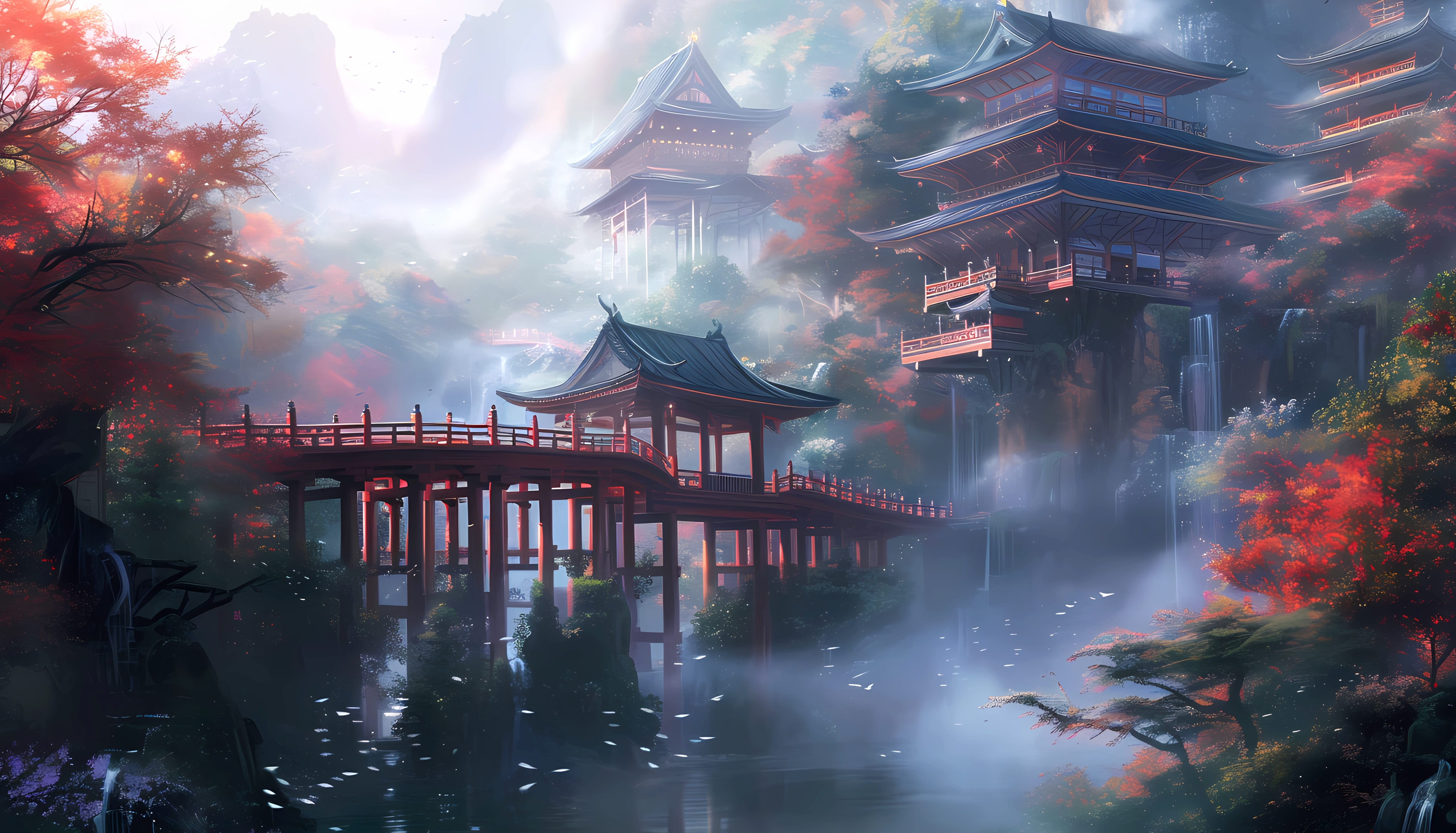 Misty asian scenery with bridge wallpapers HD quality