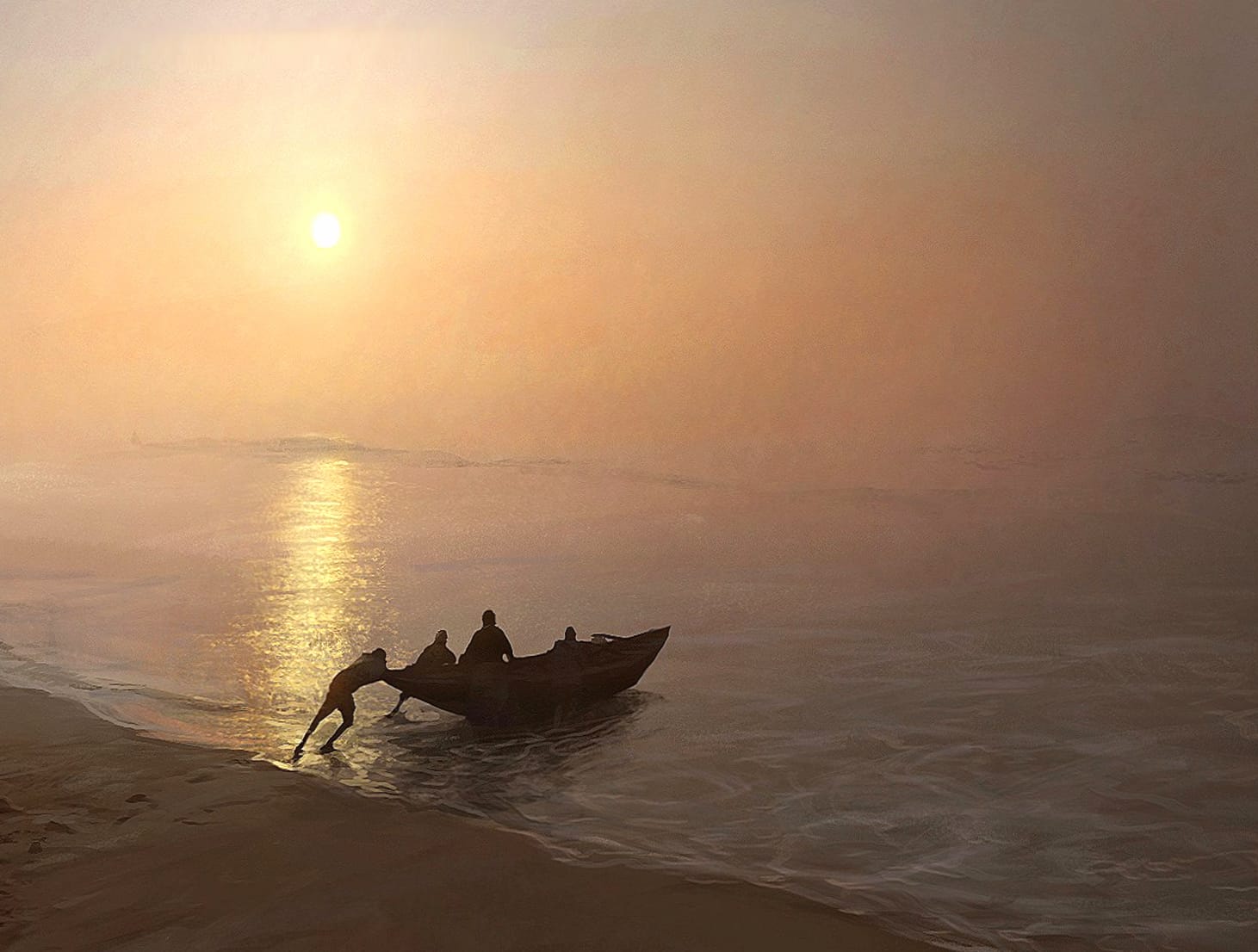 Misty Sunrise Boat - Artistic Painting wallpapers HD quality