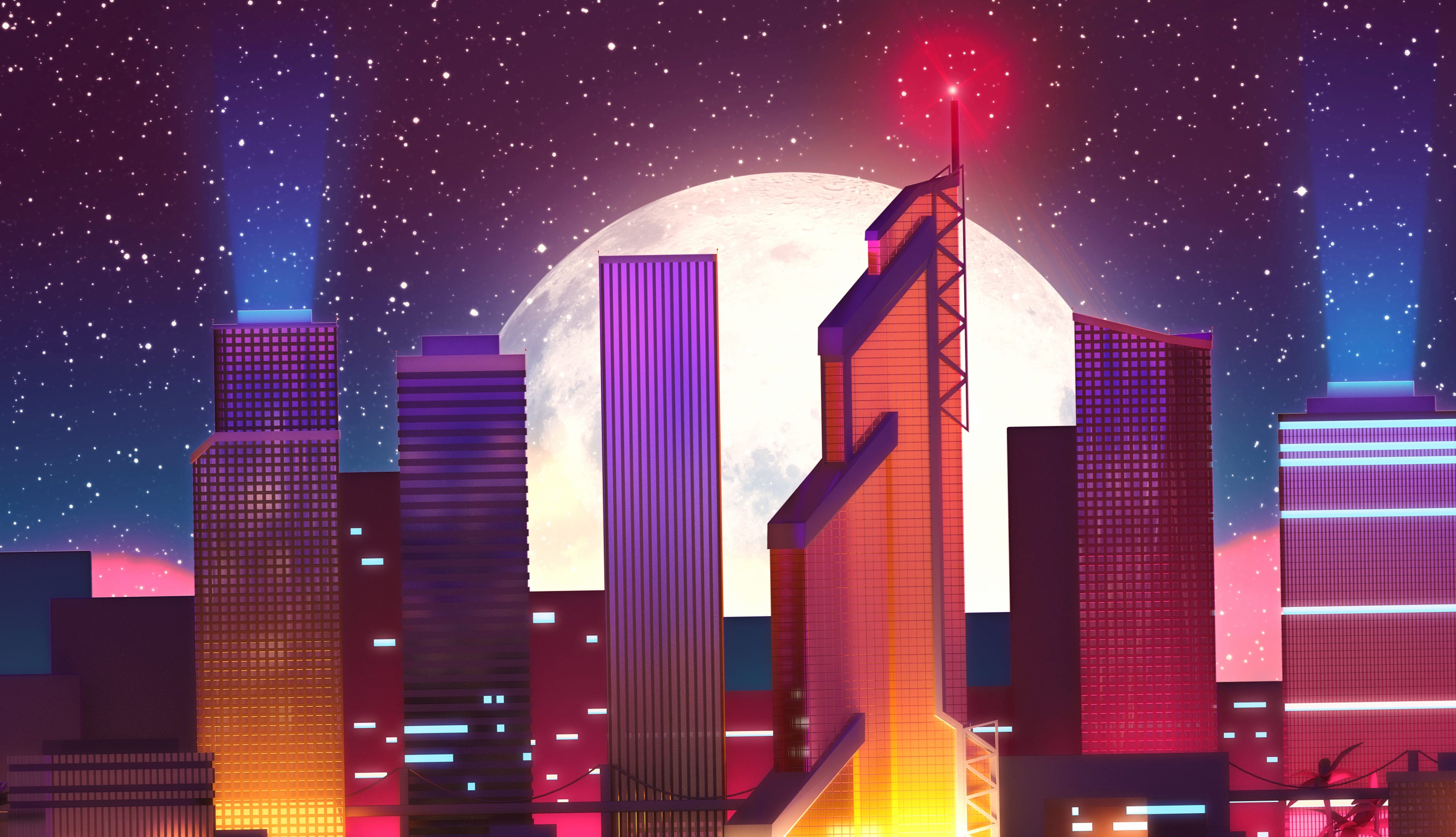 Moon Neon Artistic City at 640 x 960 iPhone 4 size wallpapers HD quality