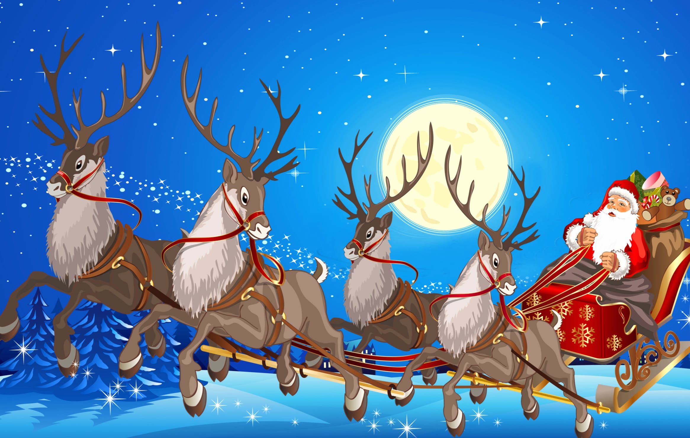 Moon Sleigh Reindeer Santa Holiday Christmas wallpapers HD quality