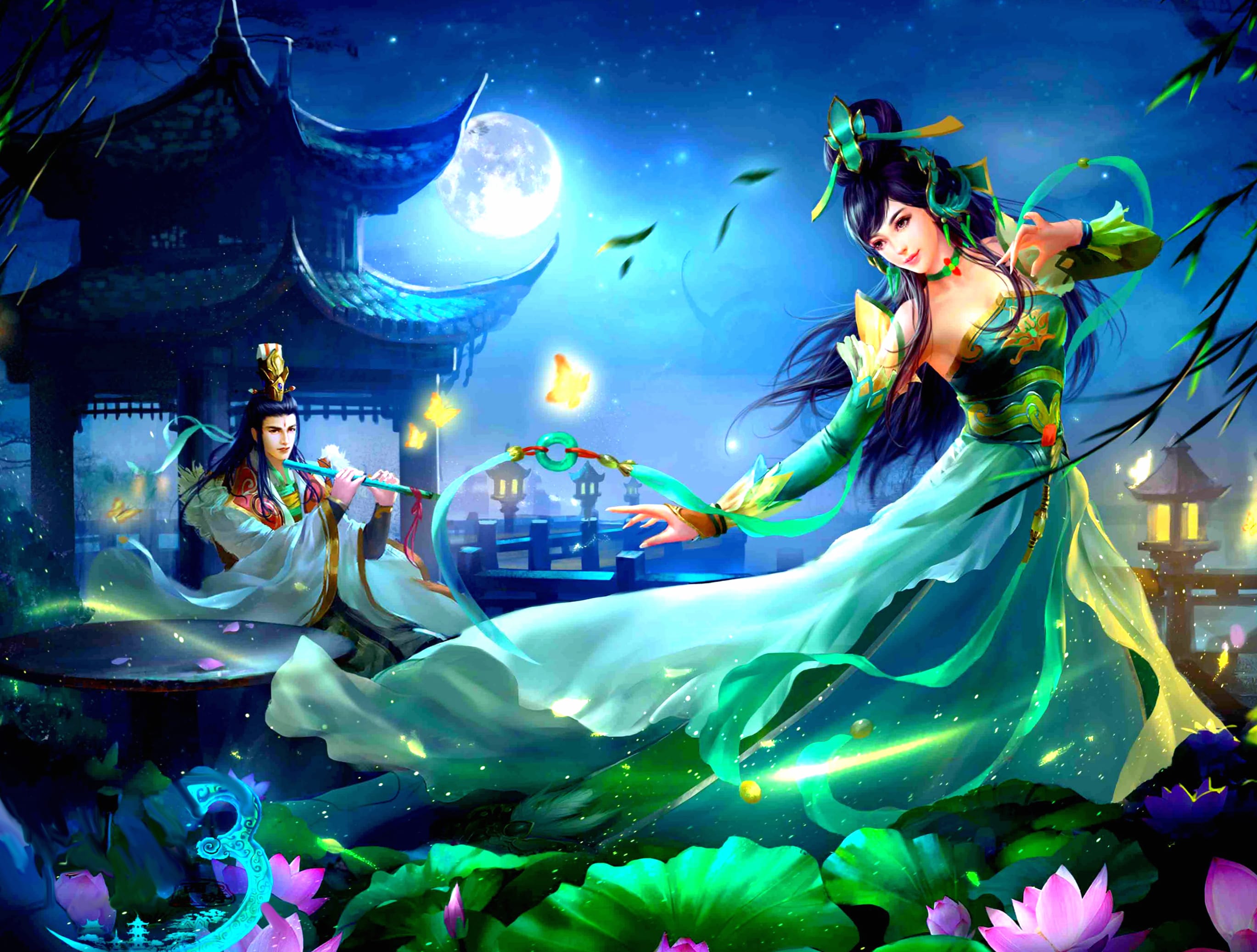 Moonlit Dance A Fantasy with Lotus and Pagoda wallpapers HD quality