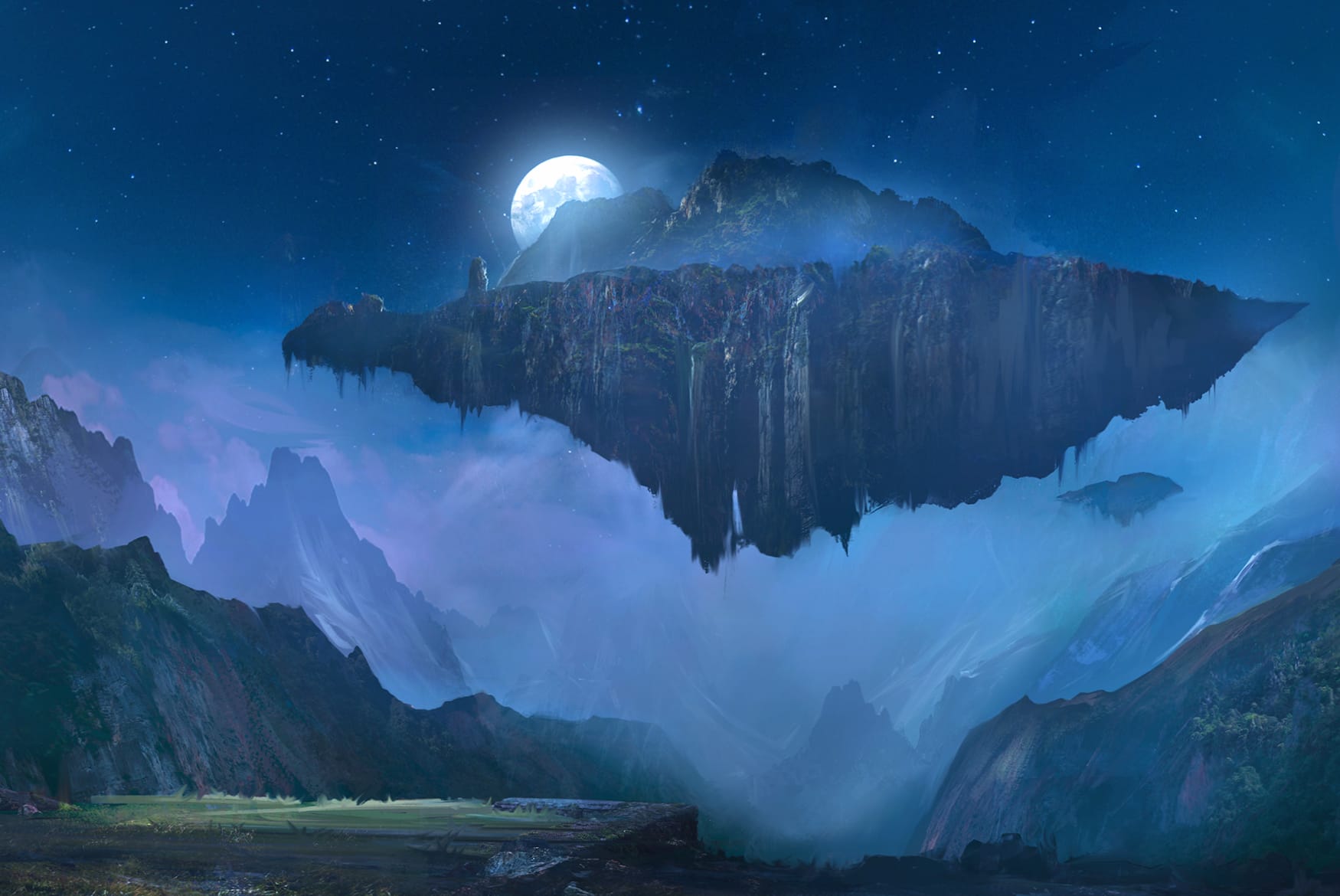 Moonlit Floating Island - Fantasy Night wallpapers HD quality