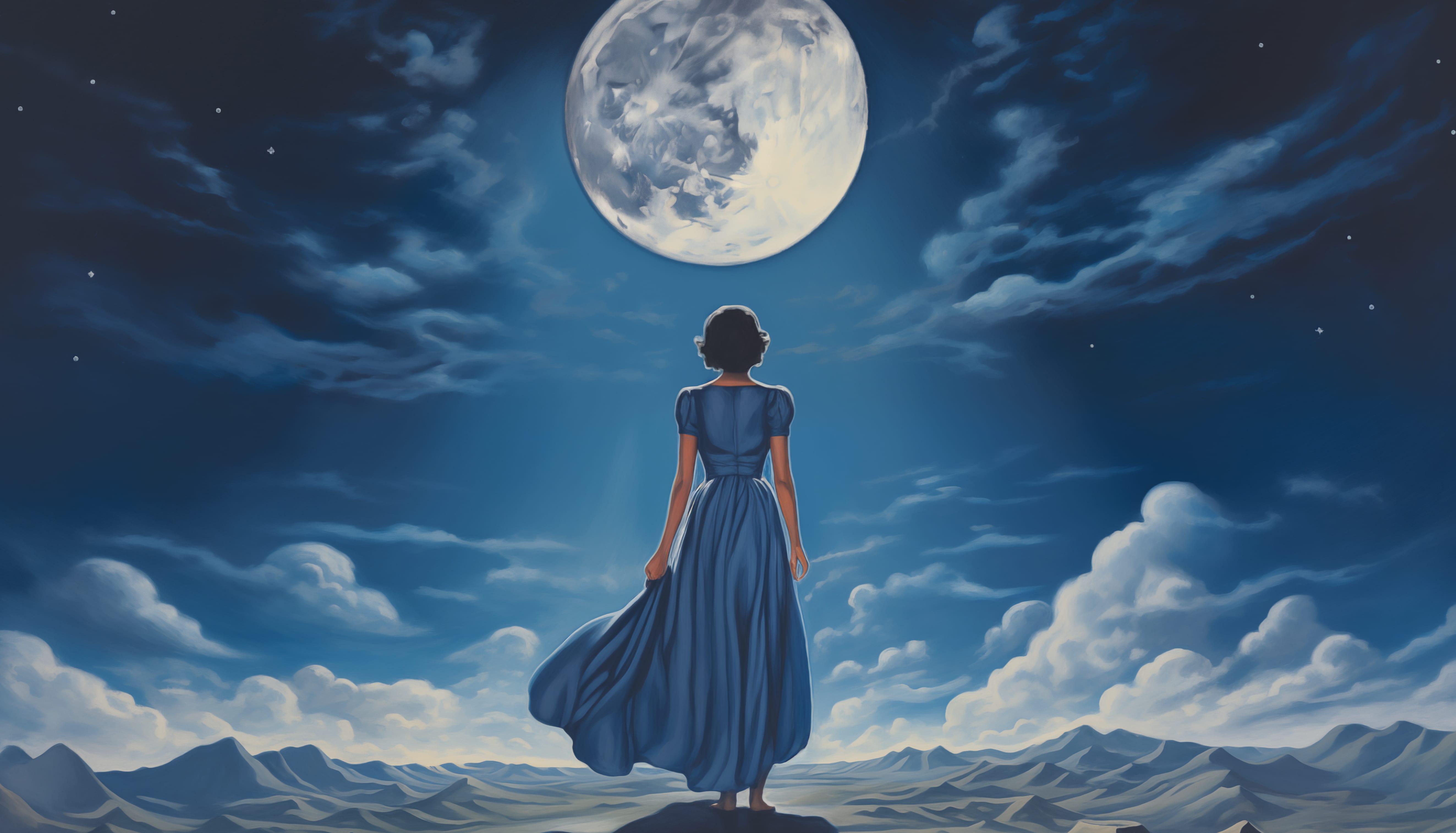 Moonlit Serenity Elegant Woman in Blue Dress - wallpapers HD quality