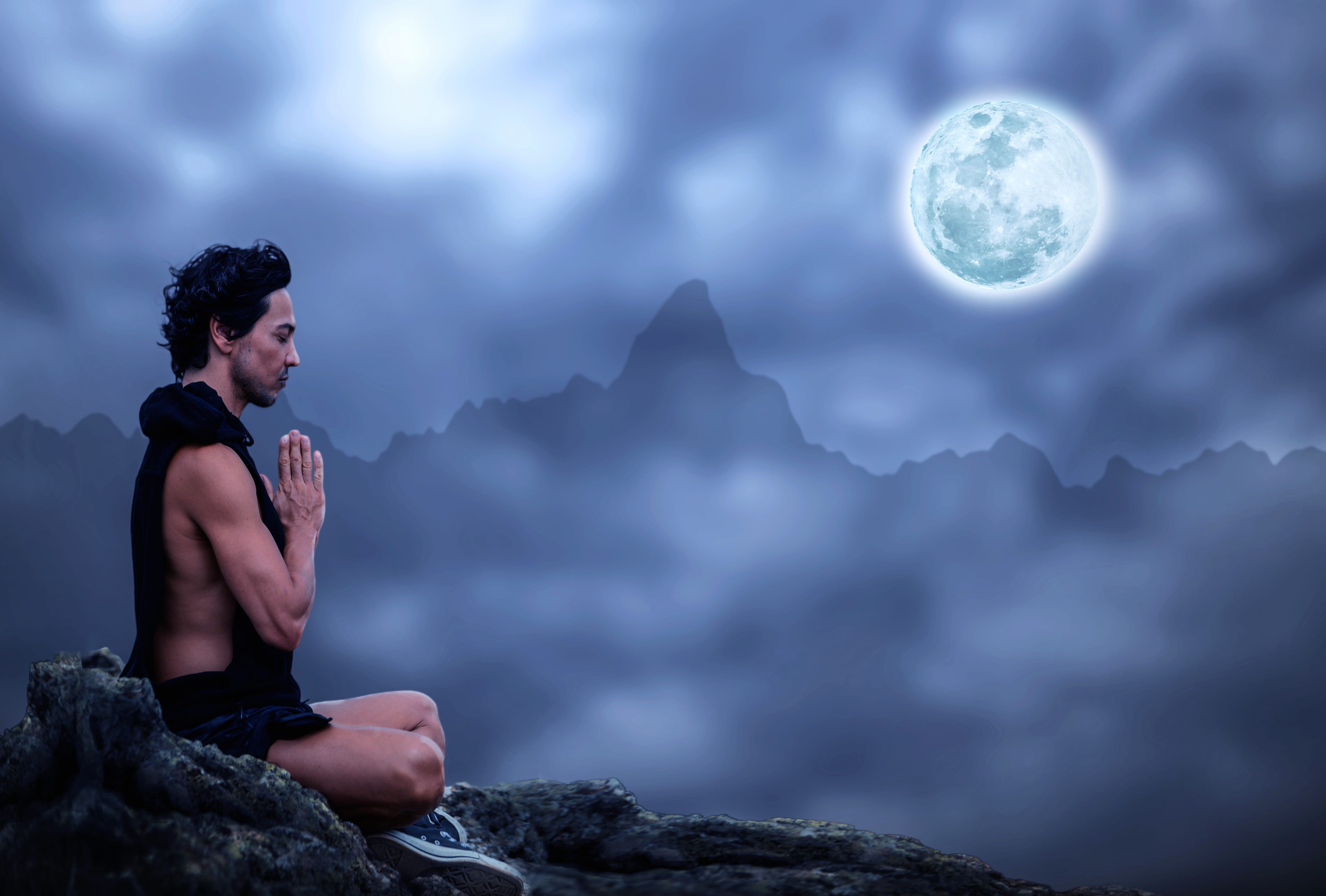 Mountain Night Moon Yoga Meditation Photography People wallpapers HD quality