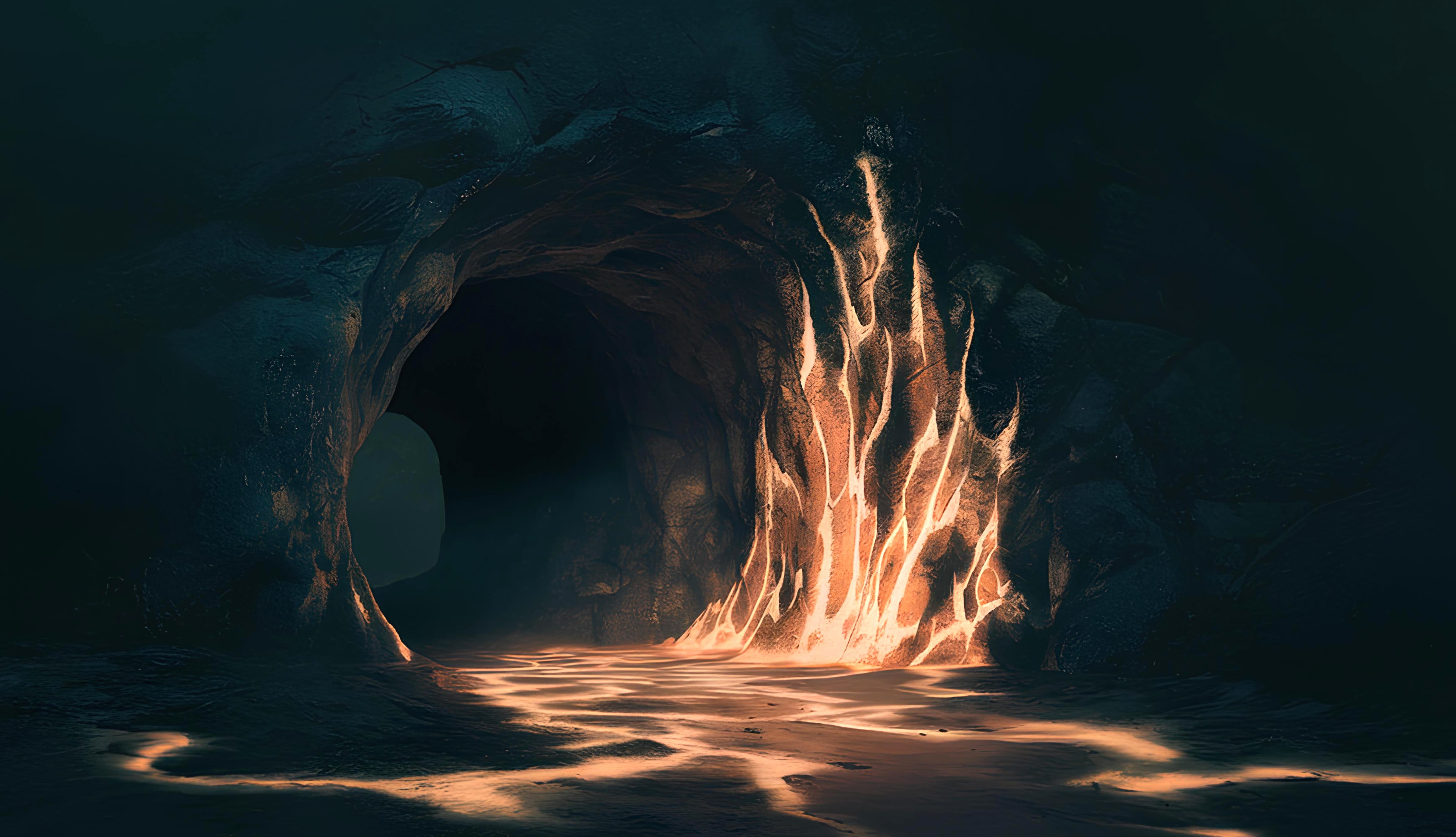 Mysterious cave with glowing lava streams wallpapers HD quality