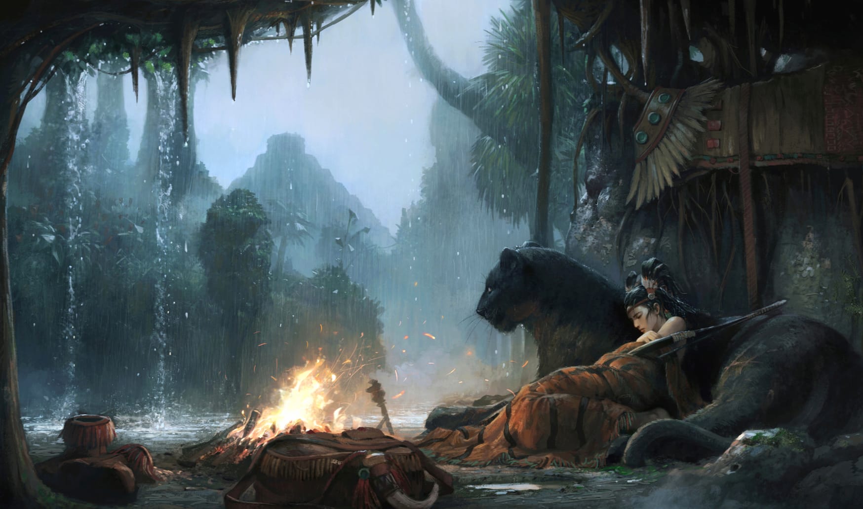 Mystic Warrior and Panther Jungle Rain wallpapers HD quality