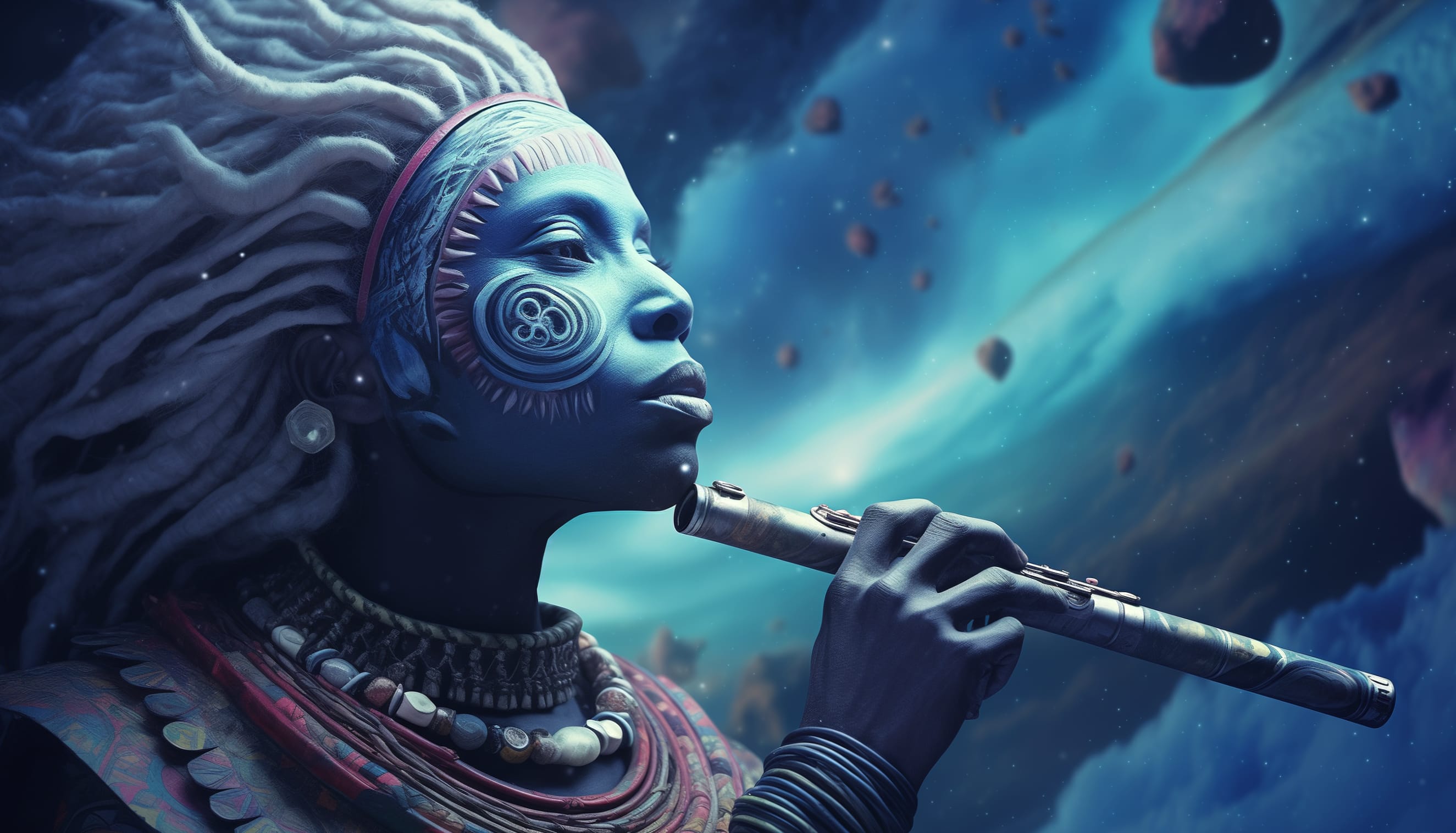 Mystical Flute Player Cosmic Background wallpapers HD quality