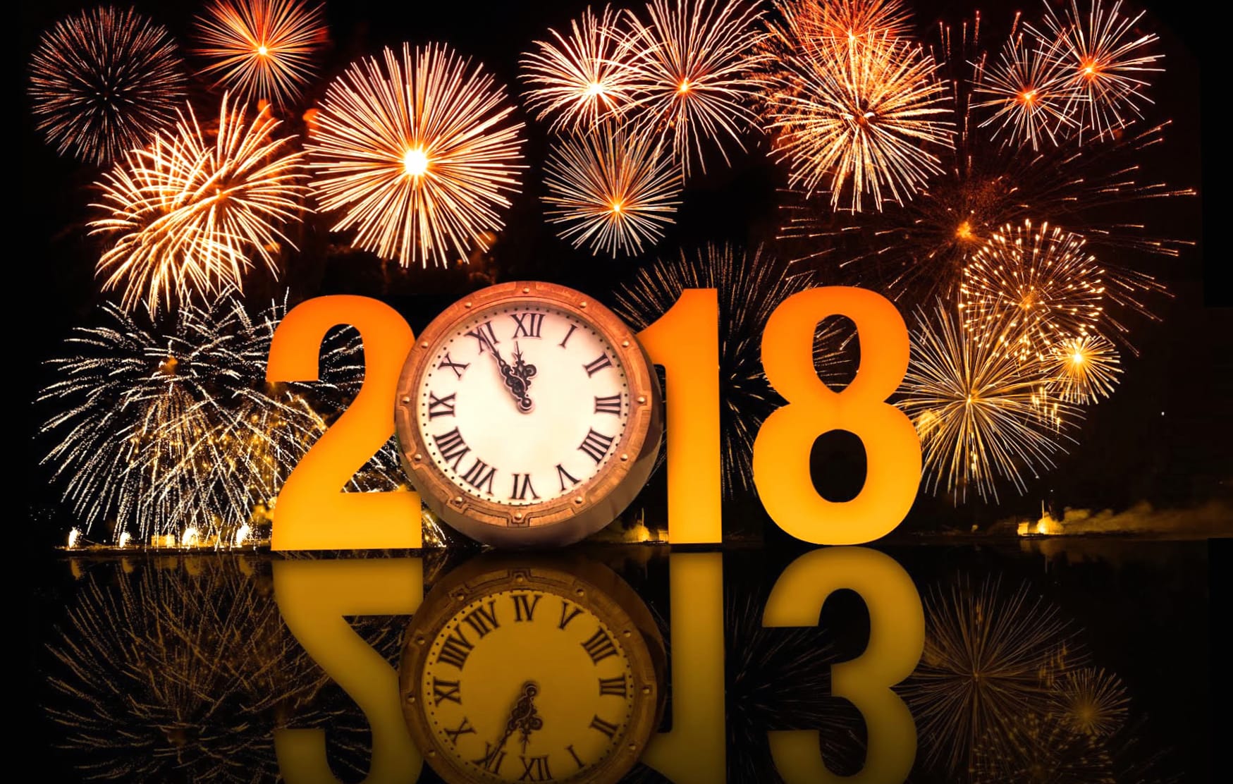 New Year 2018 Fireworks Clock at 320 x 480 iPhone size wallpapers HD quality