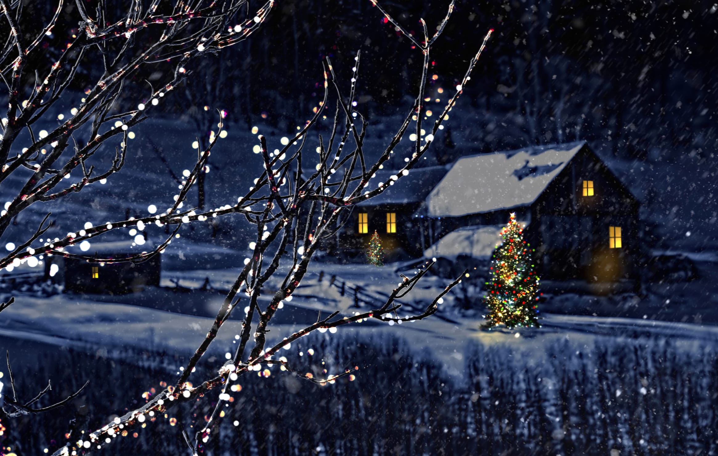 Night Light Tree Snow House Holiday Christmas wallpapers HD quality