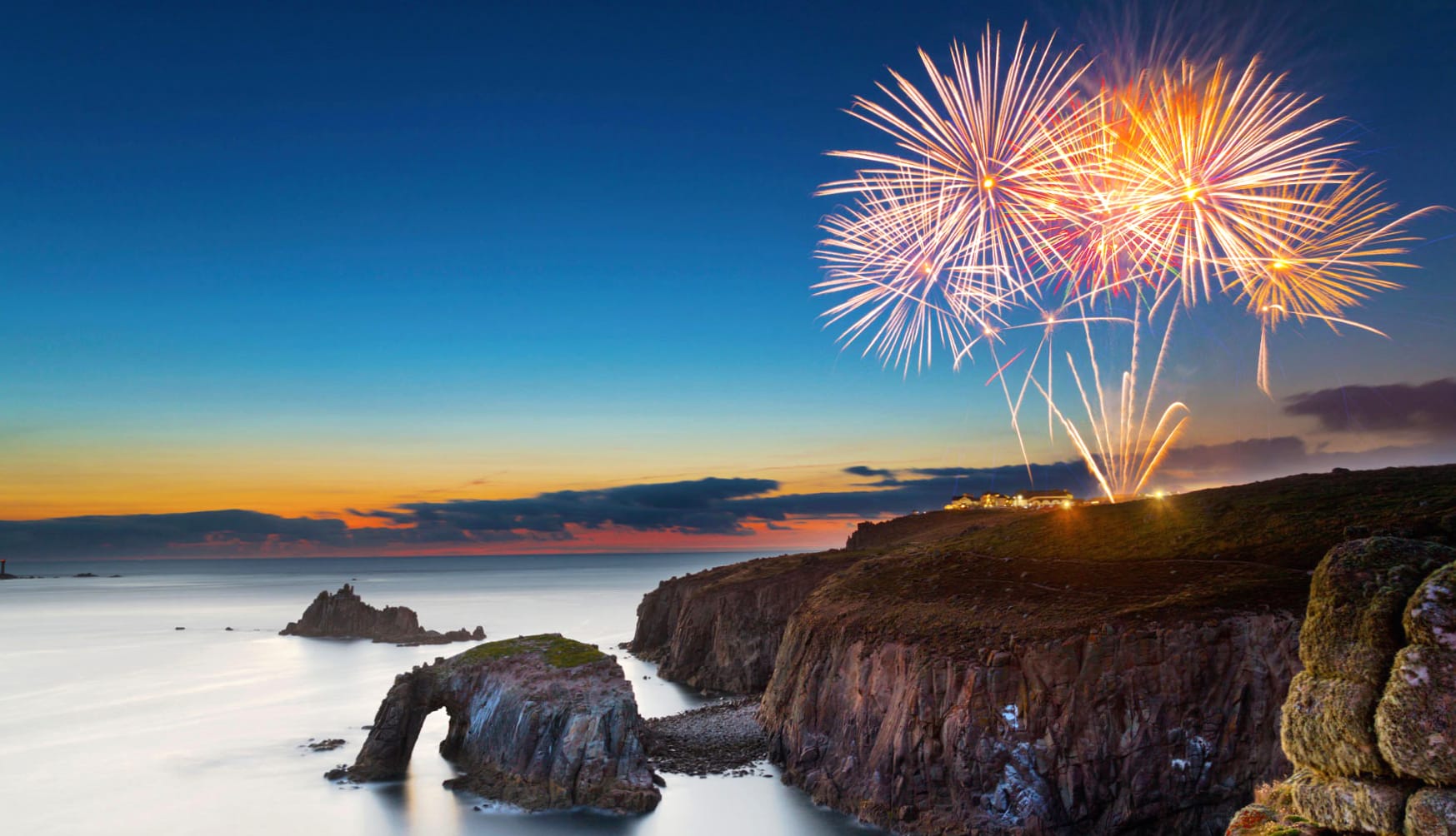 Night Ocean Horizon Coastline Sky Arch Photography Fireworks wallpapers HD quality