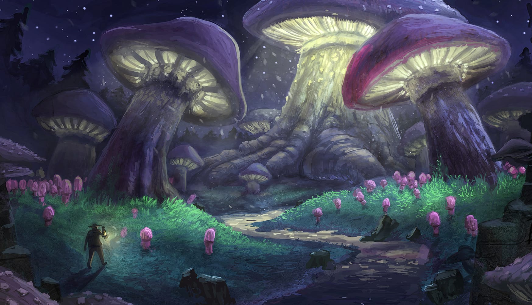 Night Purple Mushroom Forest Artistic Fantasy wallpapers HD quality