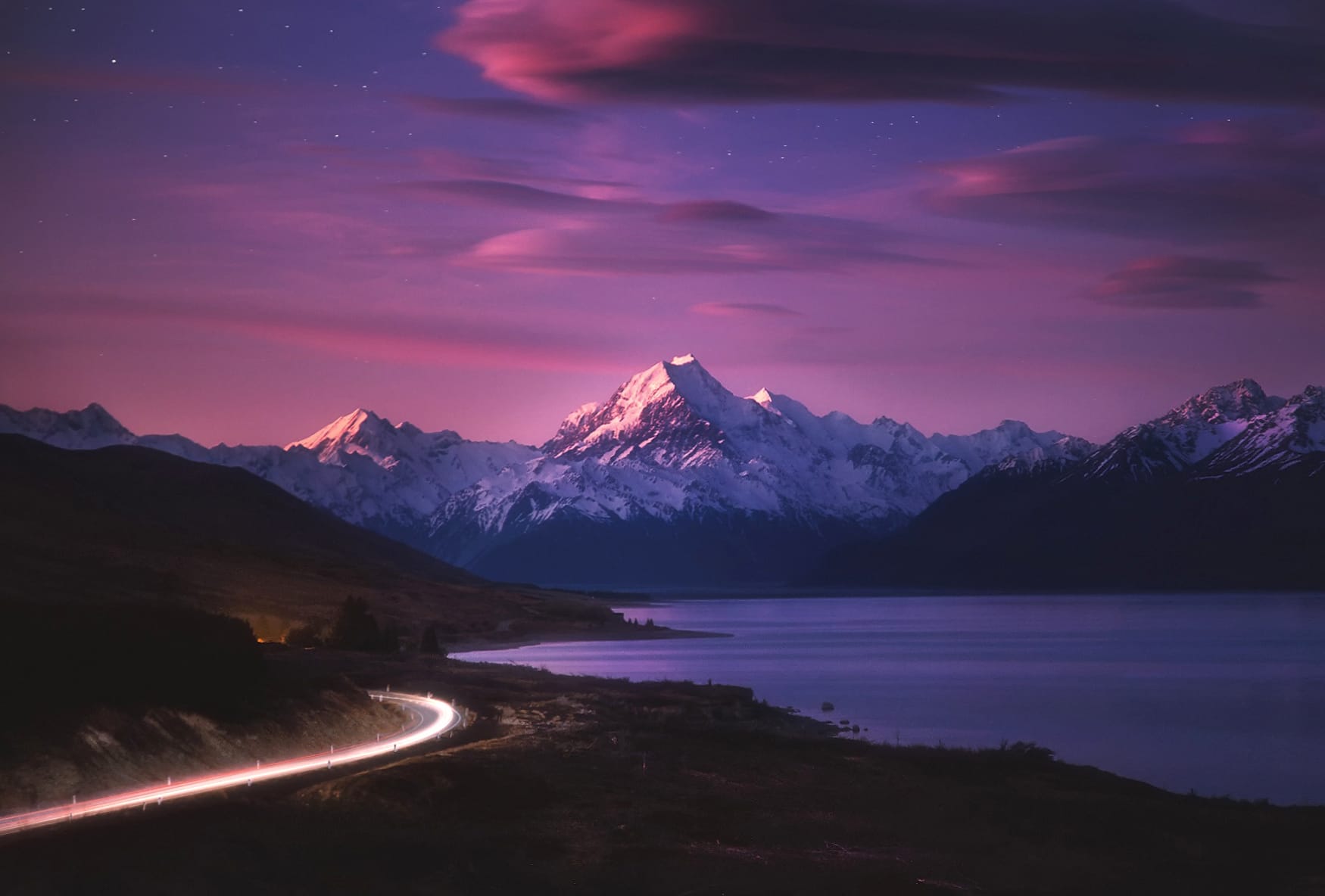 Night Sky Mountain Road Lake Time Lapse Photography Landscape wallpapers HD quality