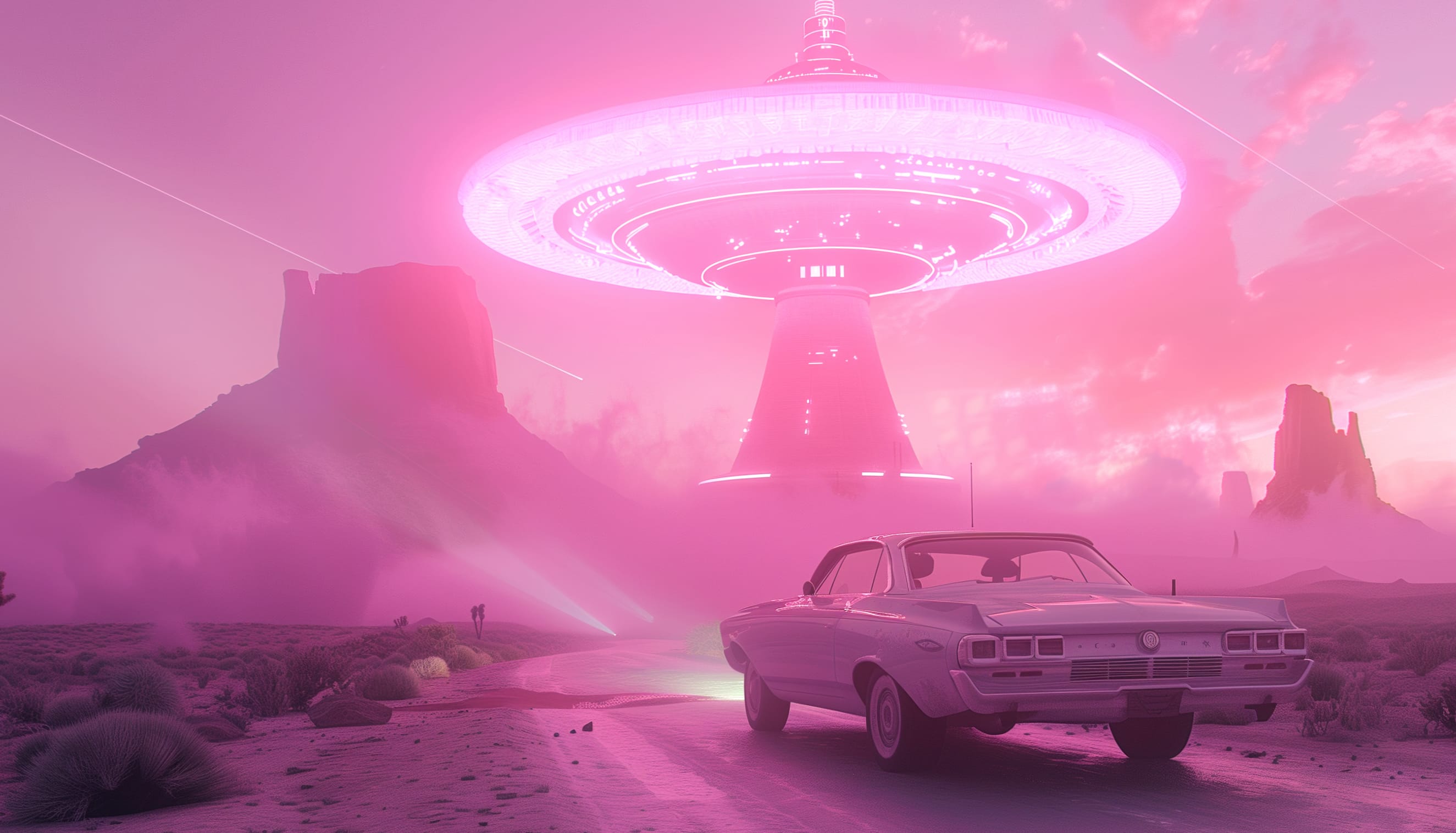 Pink Sci-Fi Aesthetic with Classic Car and UFO at 1600 x 900 HD size wallpapers HD quality