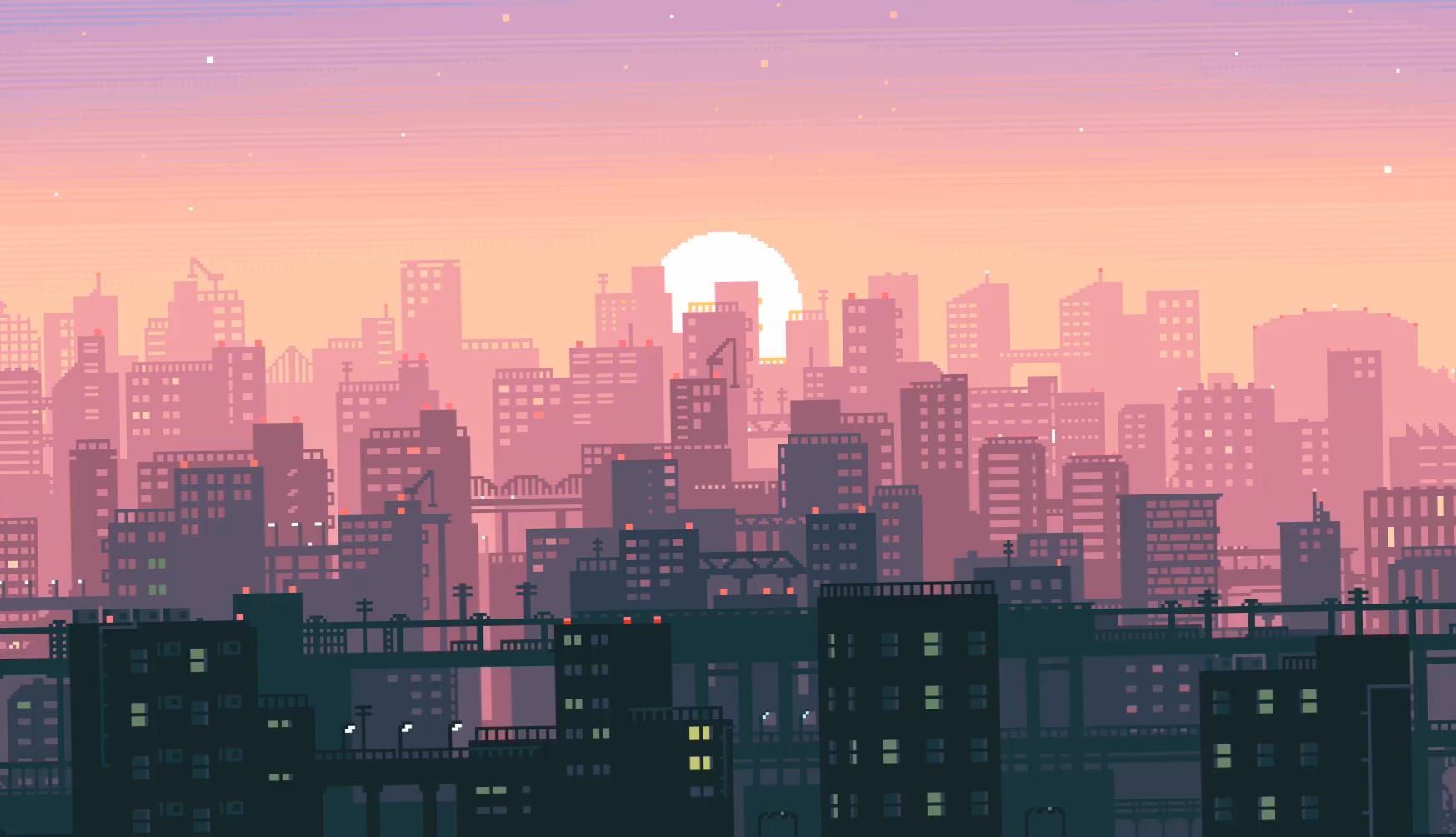 Pixel Art City Sunset - wallpapers HD quality