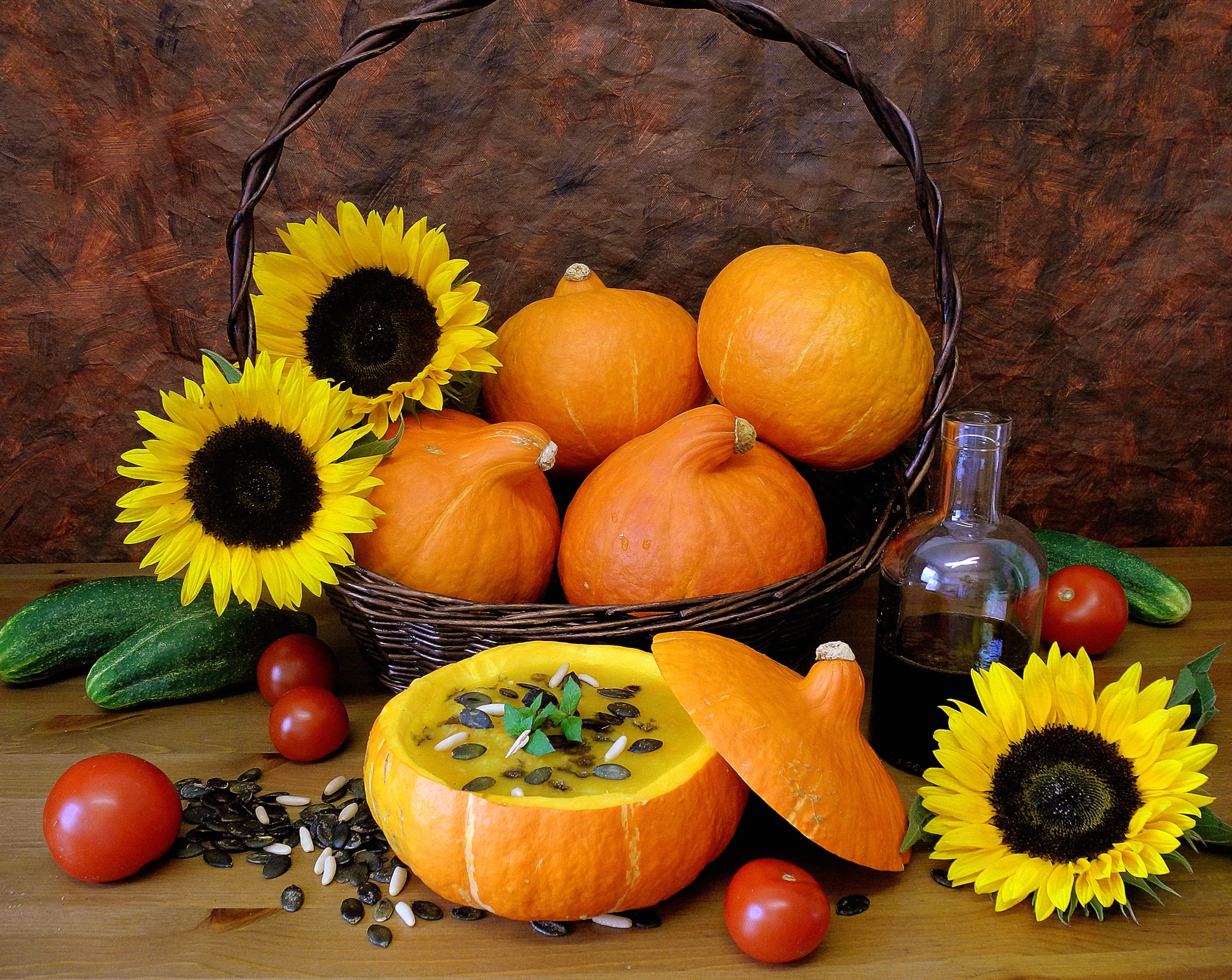 Pumpkin Sunflower Fall Photography Still Life at 320 x 480 iPhone size wallpapers HD quality