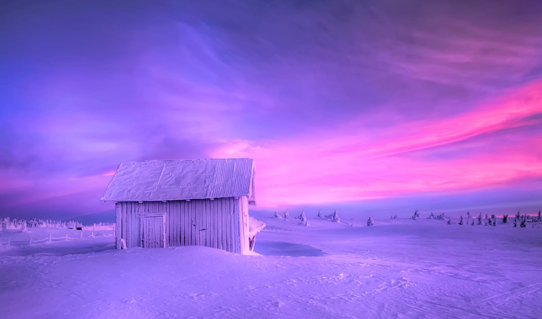 Purple Sunset Snow Barn Earth Photography Winter at 2048 x 2048 iPad size wallpapers HD quality