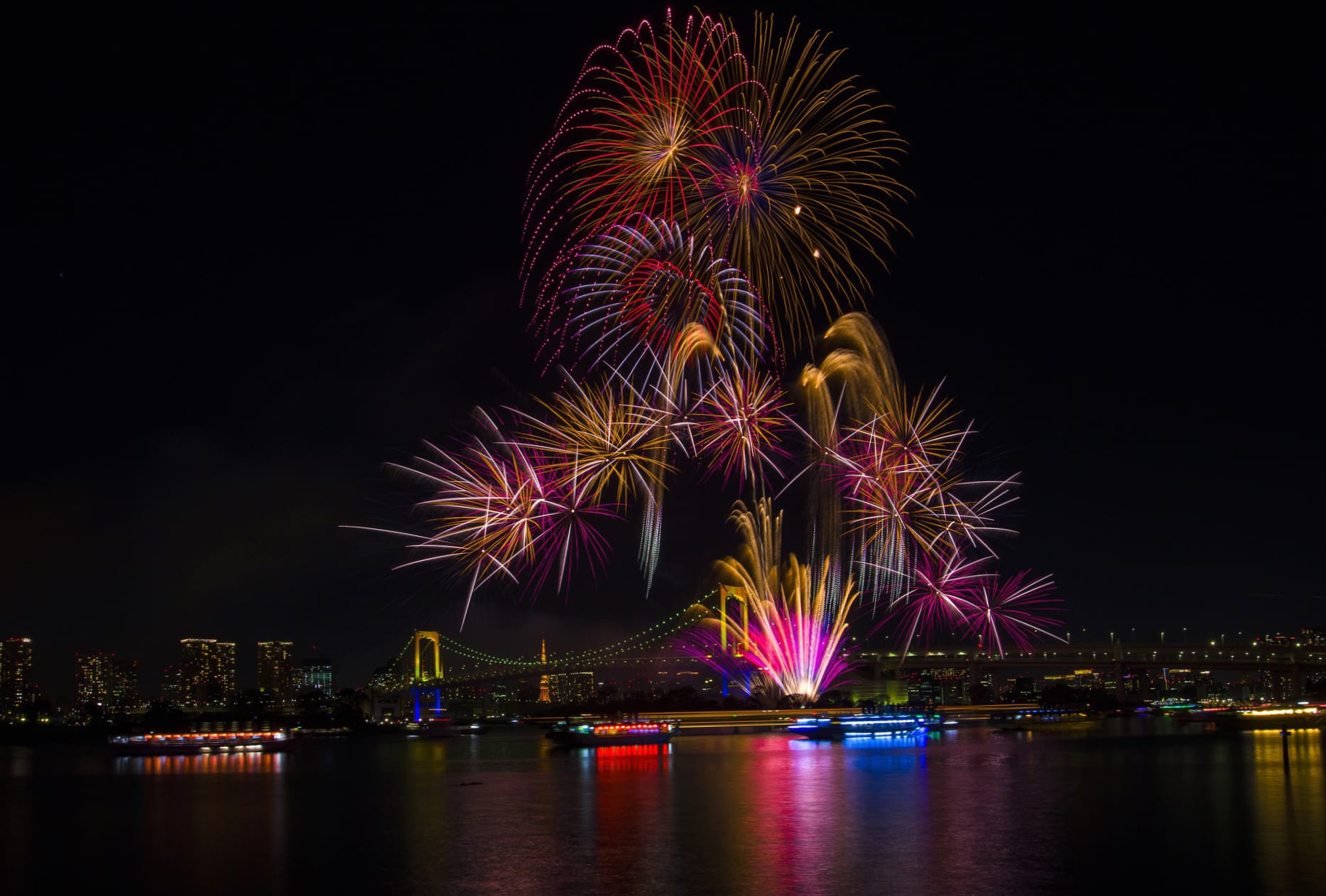 Rainbow Bridge Bridge Japan Tokyo Night Photography Fireworks wallpapers HD quality