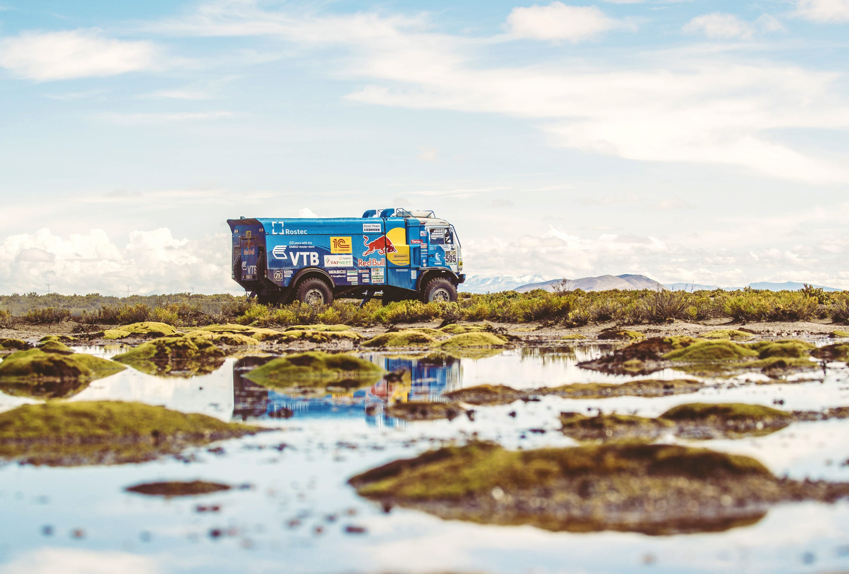 Red Bull Kamaz Sky Reflection Landscape Vehicle Rallying Sports wallpapers HD quality