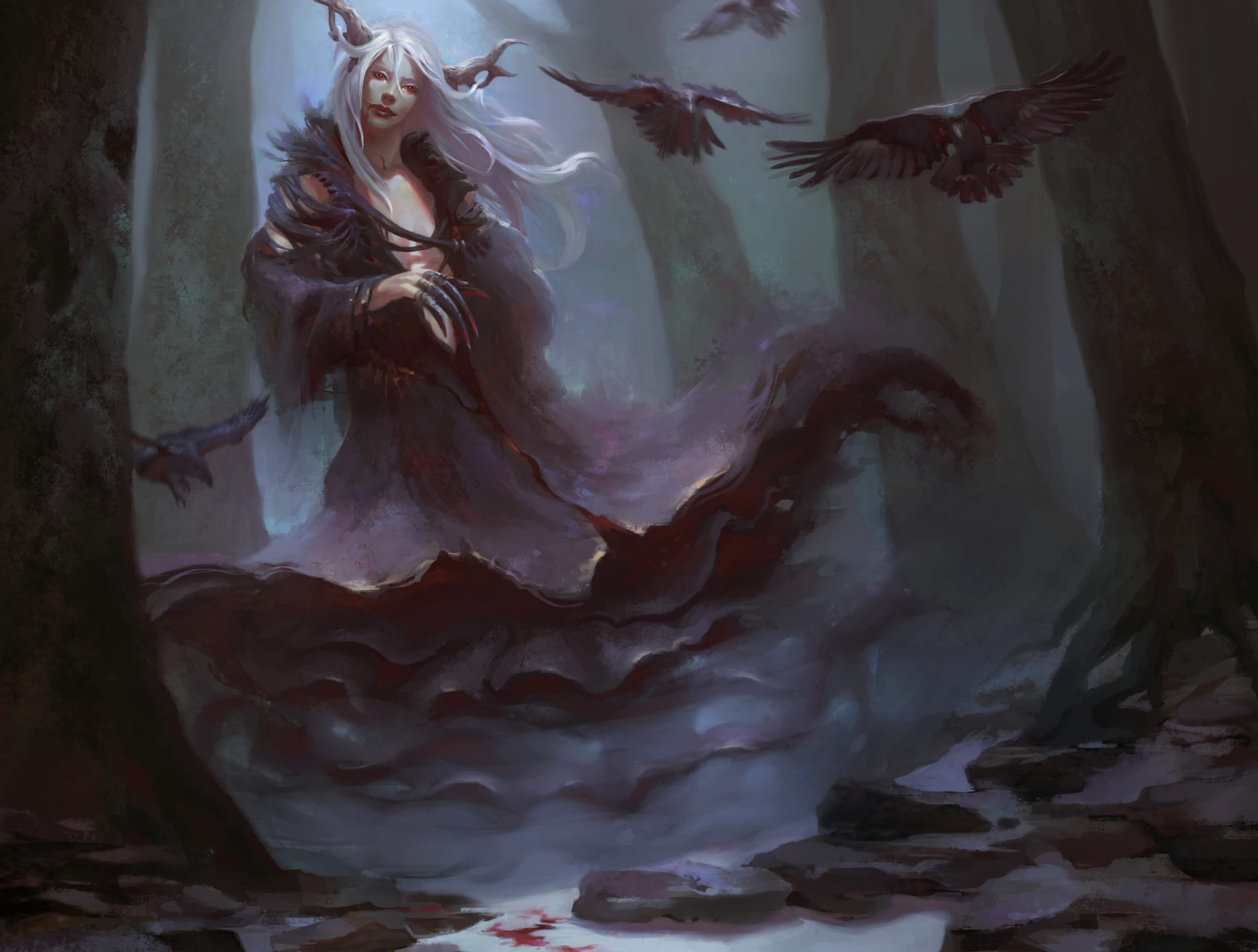 Red Eyes White Hair Dark Raven Fantasy Demon wallpapers HD quality