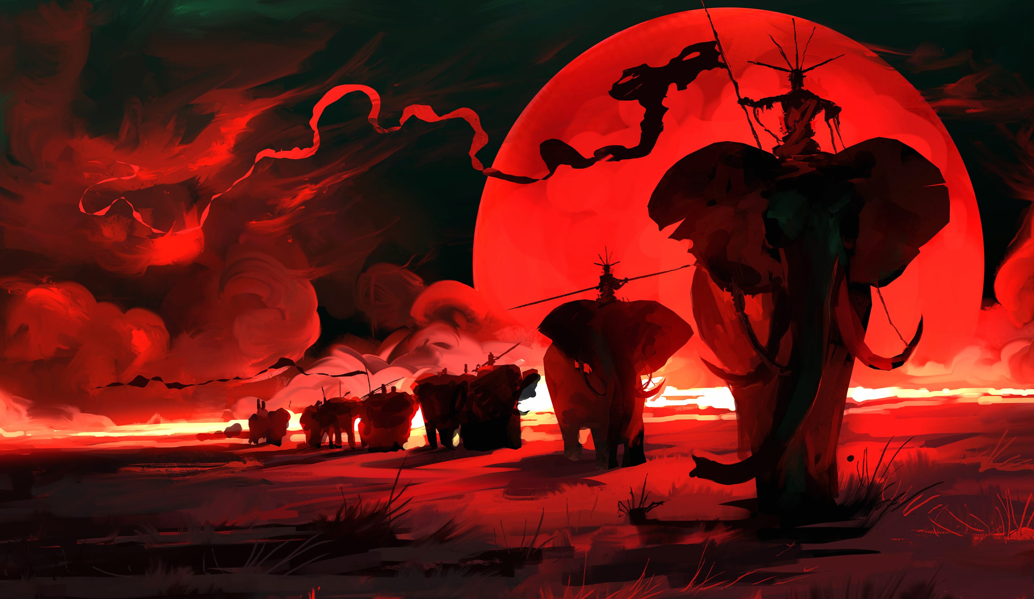 Red Moon Elephants Fantasy - wallpapers HD quality