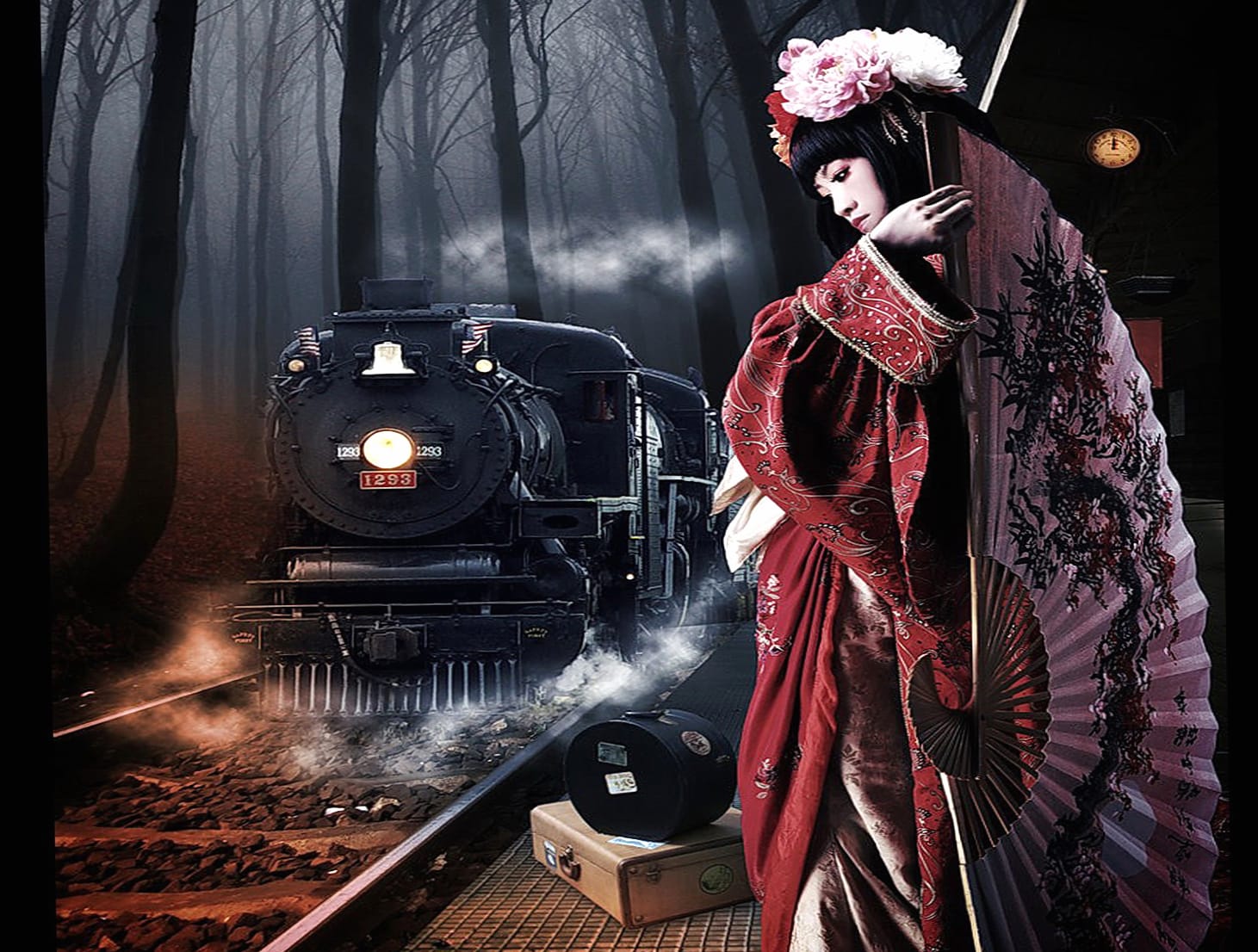 Red Tree Dark Clock Oriental Train Woman Asian Wallpaper at 2560 x 1440 HD size wallpapers HD quality