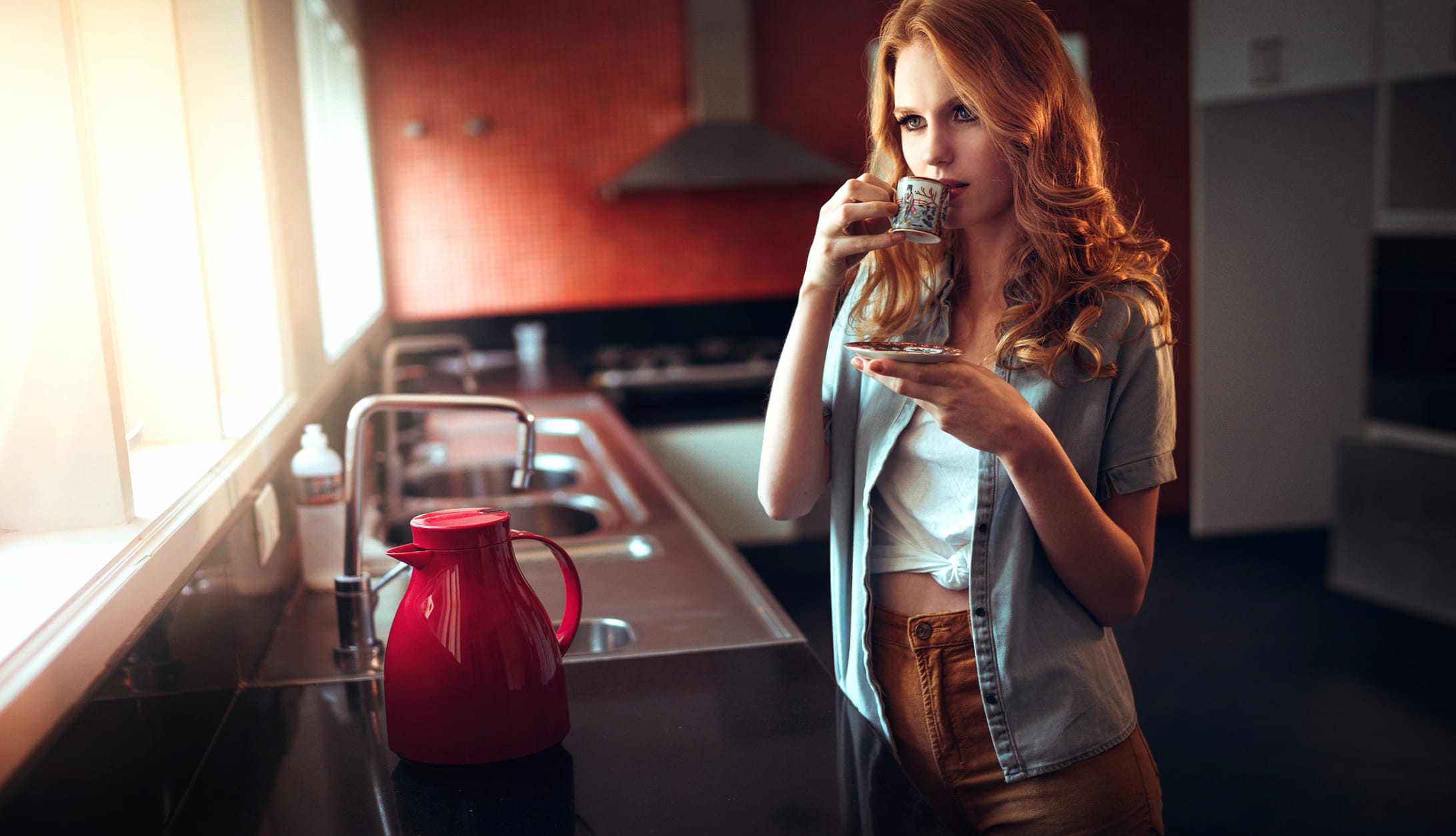 Redhead Model in Kitchen - wallpapers HD quality