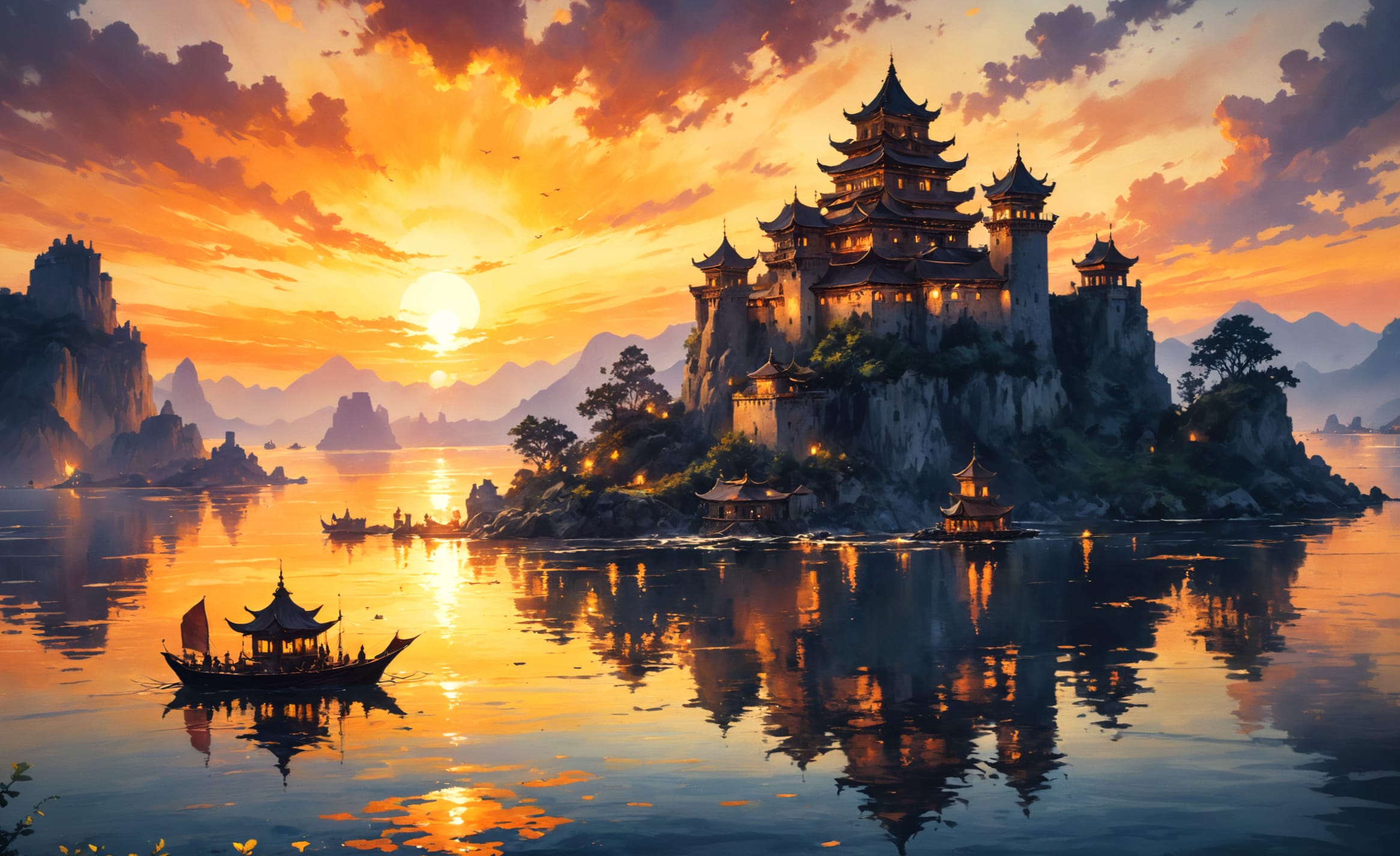 Reflection Sunset Boat Fantasy Castle AI Art at 1920 x 1080 HD size wallpapers HD quality