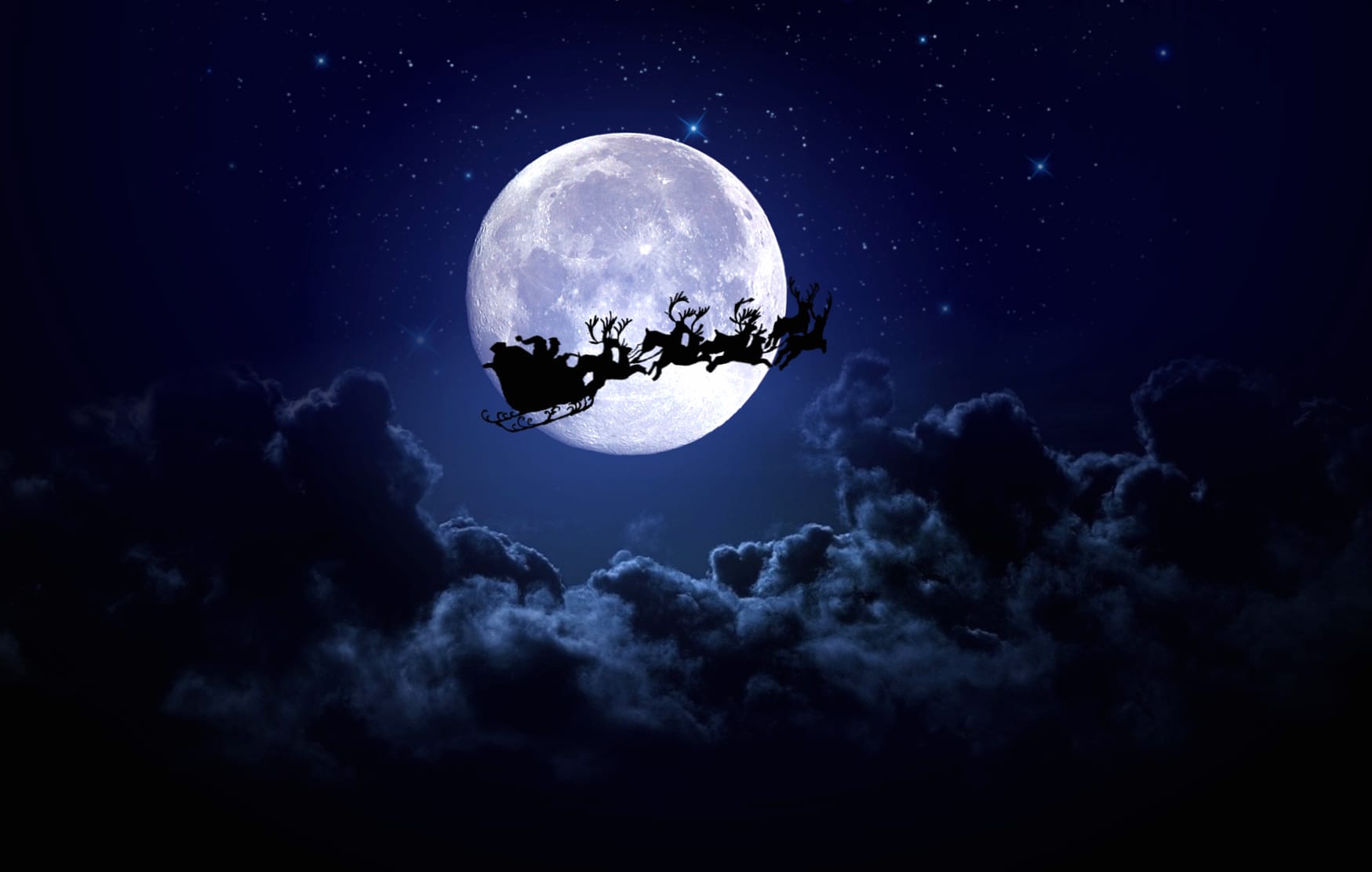 Reindeer Sleigh Cloud Night Moon Santa Silhouette Holiday Christmas wallpapers HD quality