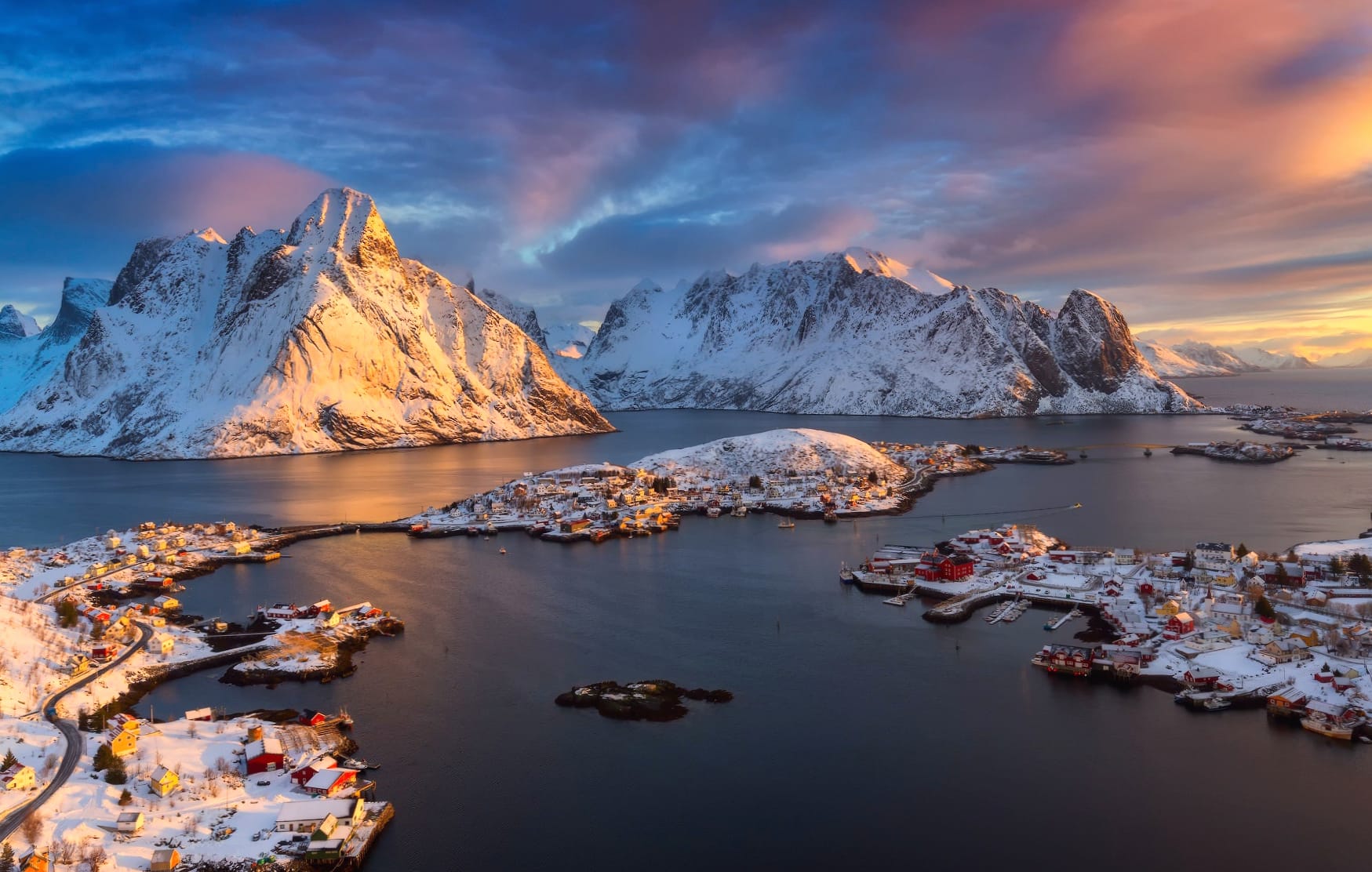 Reine Mountain Lake Snow Winter Town Norway Photography Lofoten wallpapers HD quality