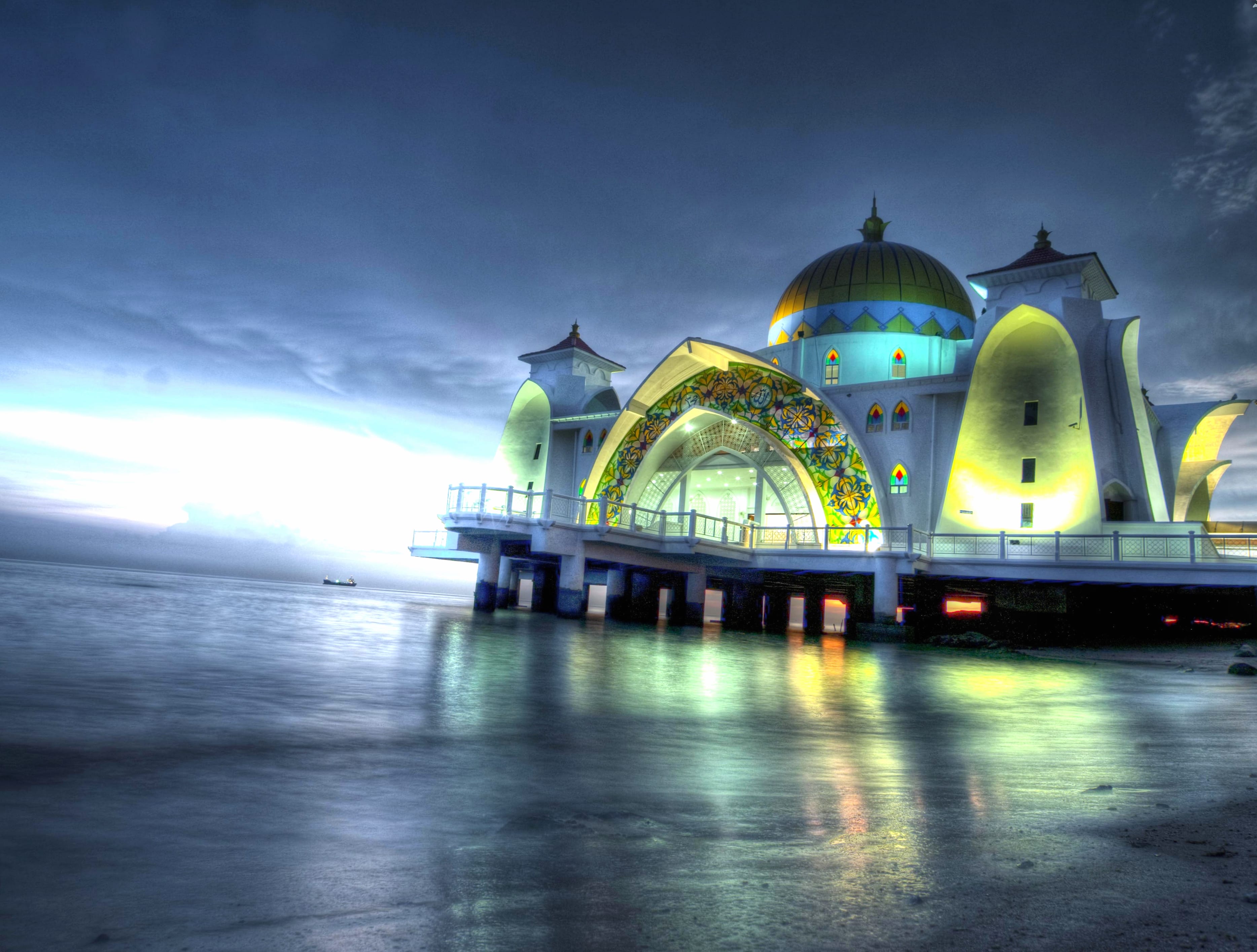 Religious Malacca Straits Mosque at 1600 x 900 HD size wallpapers HD quality