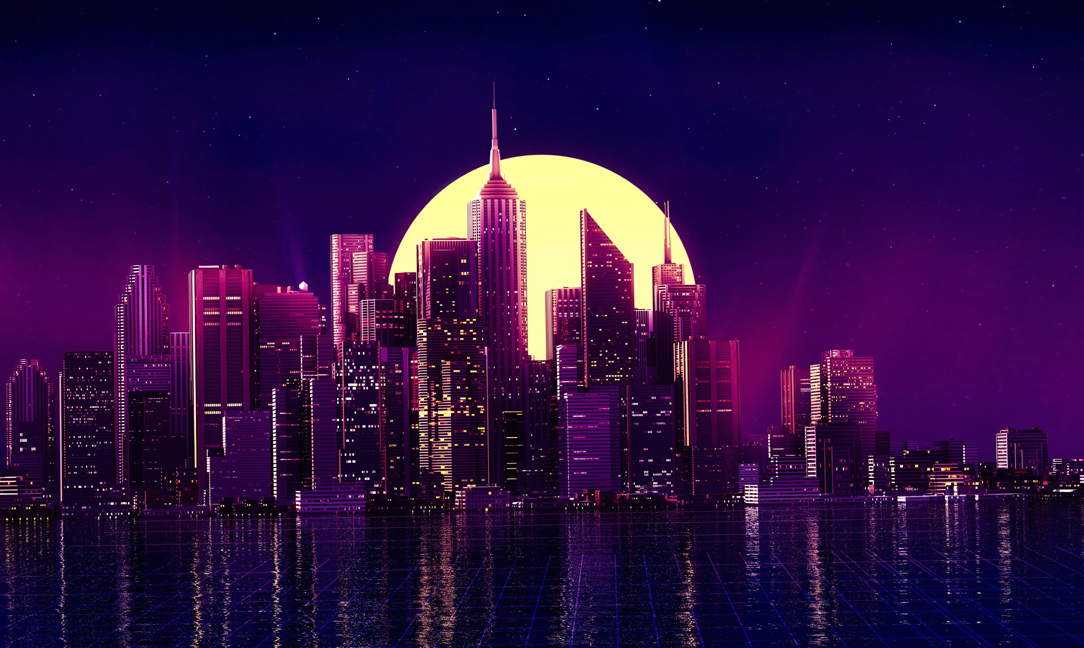 Retro Wave Cityscape HD Night Skyline at 320 x 480 iPhone size wallpapers HD quality