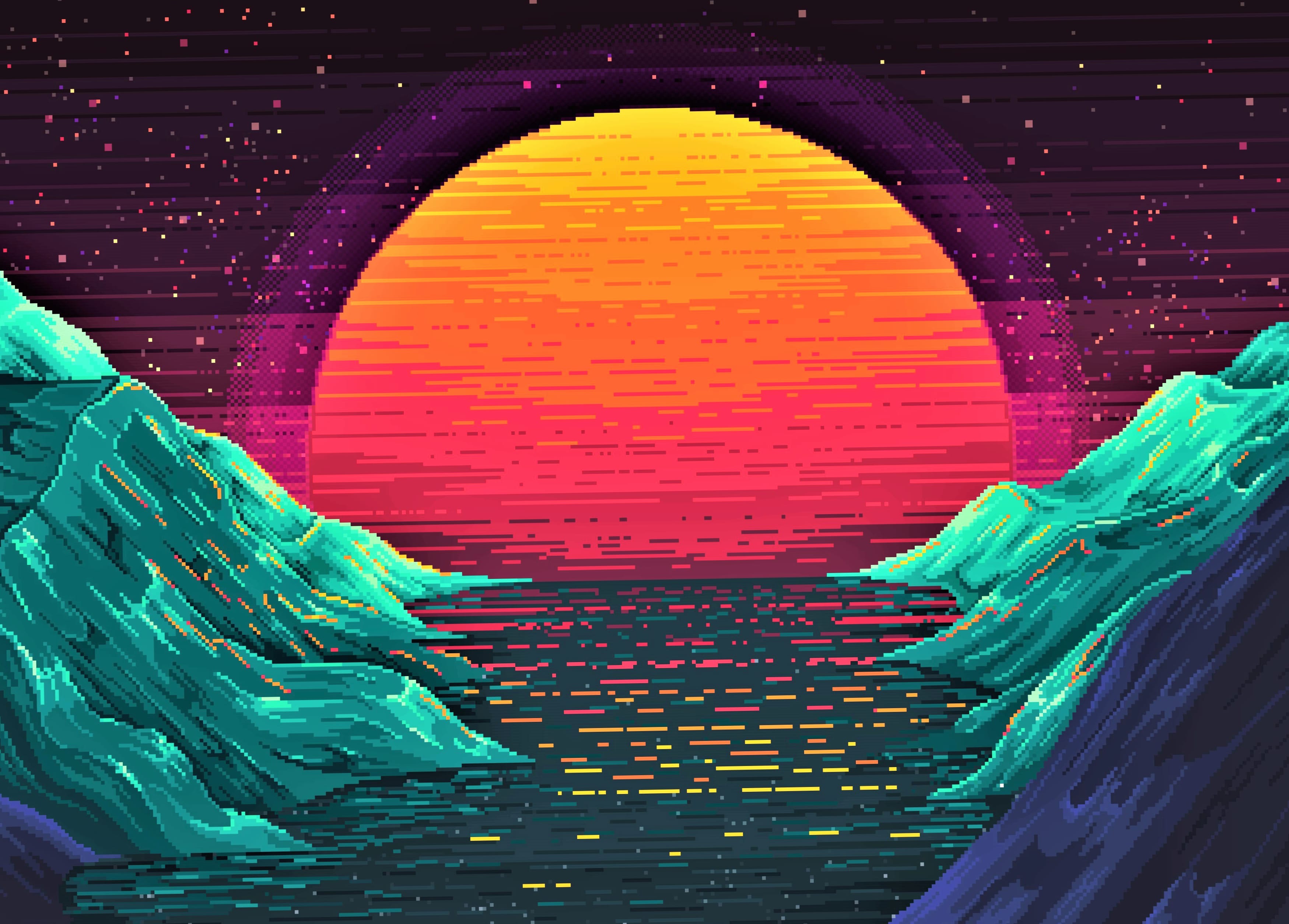 Retro Wave Mountain Sunset - HD Pixel Art Wallpaper wallpapers HD quality