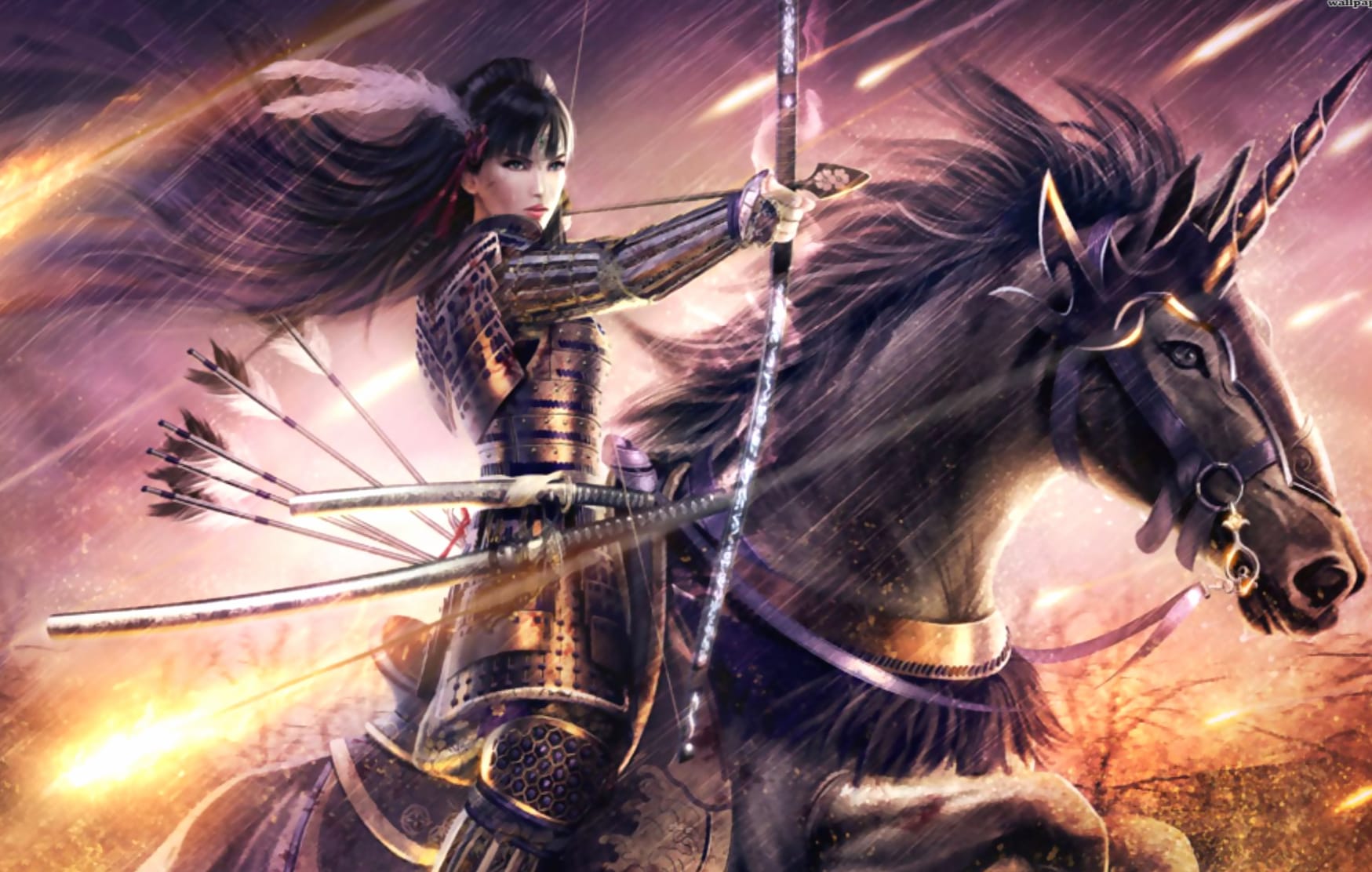 Samurai Archer Woman on Horse - HD Fantasy Wallpaper at 1152 x 864 size wallpapers HD quality