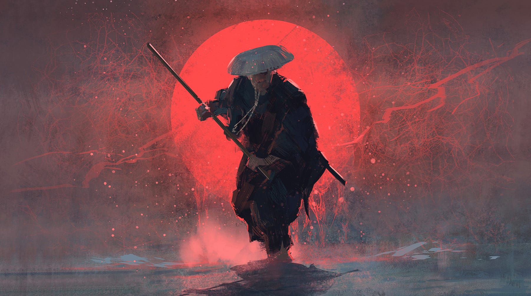 Samurai Moon Oriental Fantasy Warrior at 2048 x 2048 iPad size wallpapers HD quality