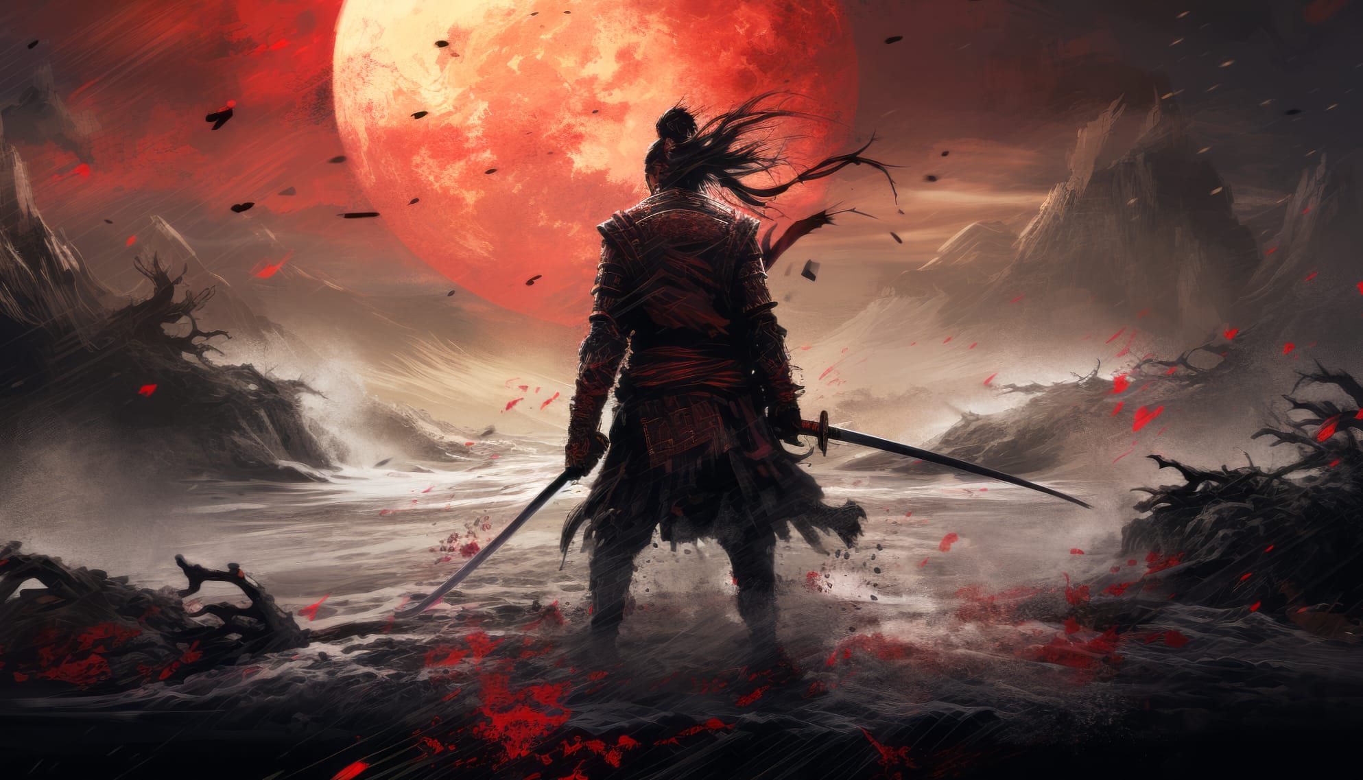 Samurai with a Red Full Moon Wallpaper wallpapers HD quality