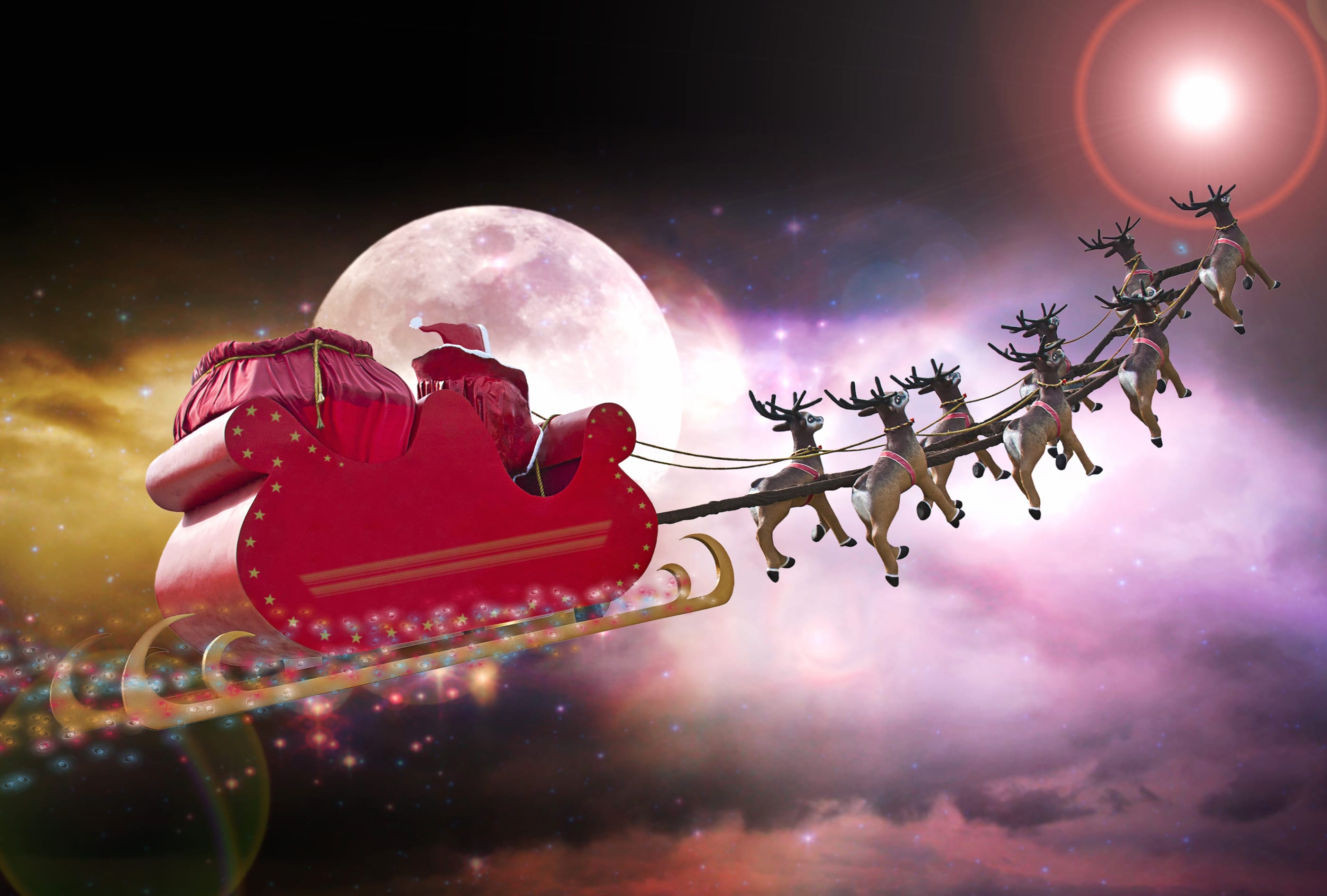 Santa Sleigh Reindeer Moon Night Holiday Christmas wallpapers HD quality